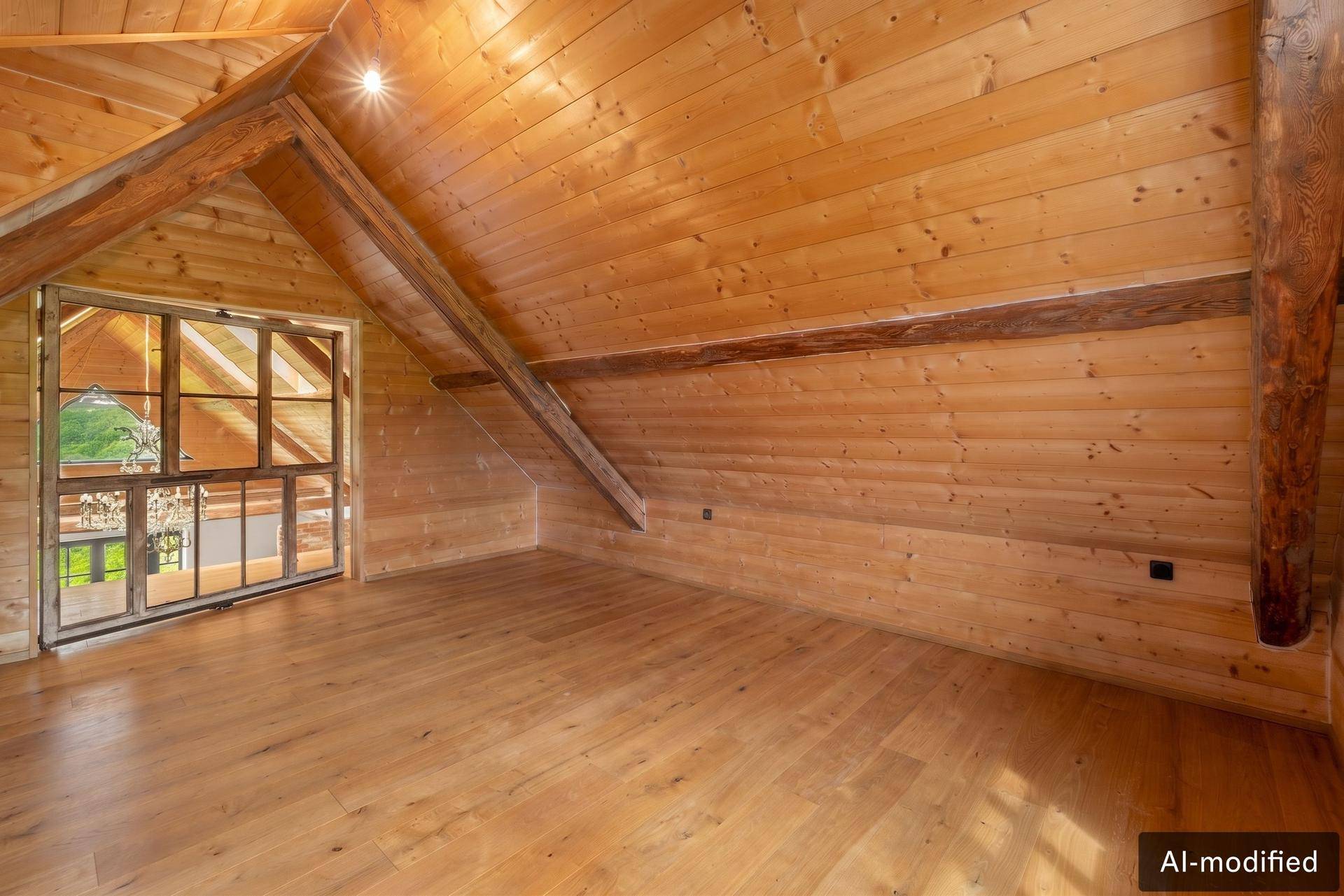Helles Dachgeschosszimmer mit Holzboden, sichtbaren Balken und großem Fenster.