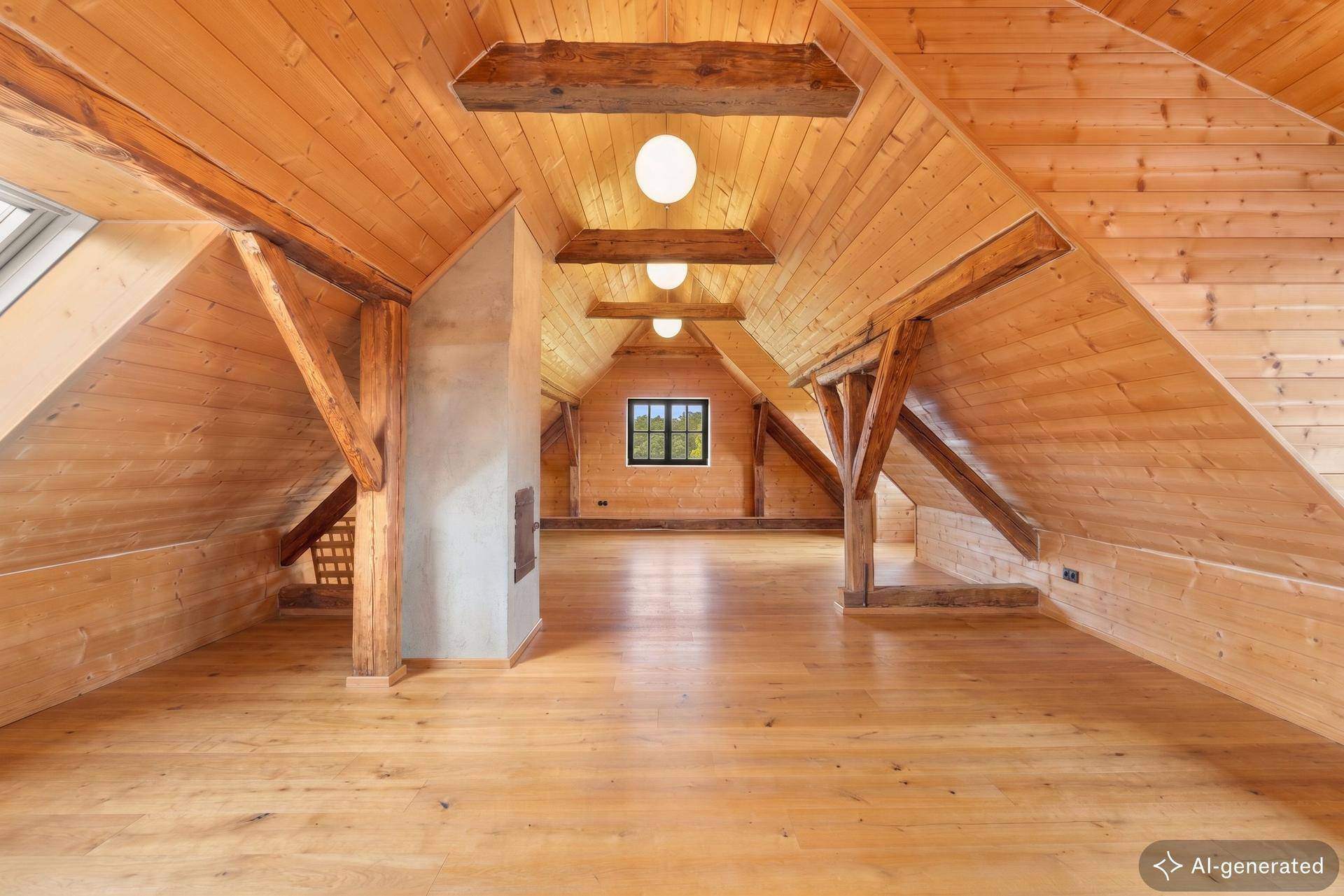 Geräumiges Dachgeschoss mit Holzboden, sichtbaren Balken und mehreren Fenstern.