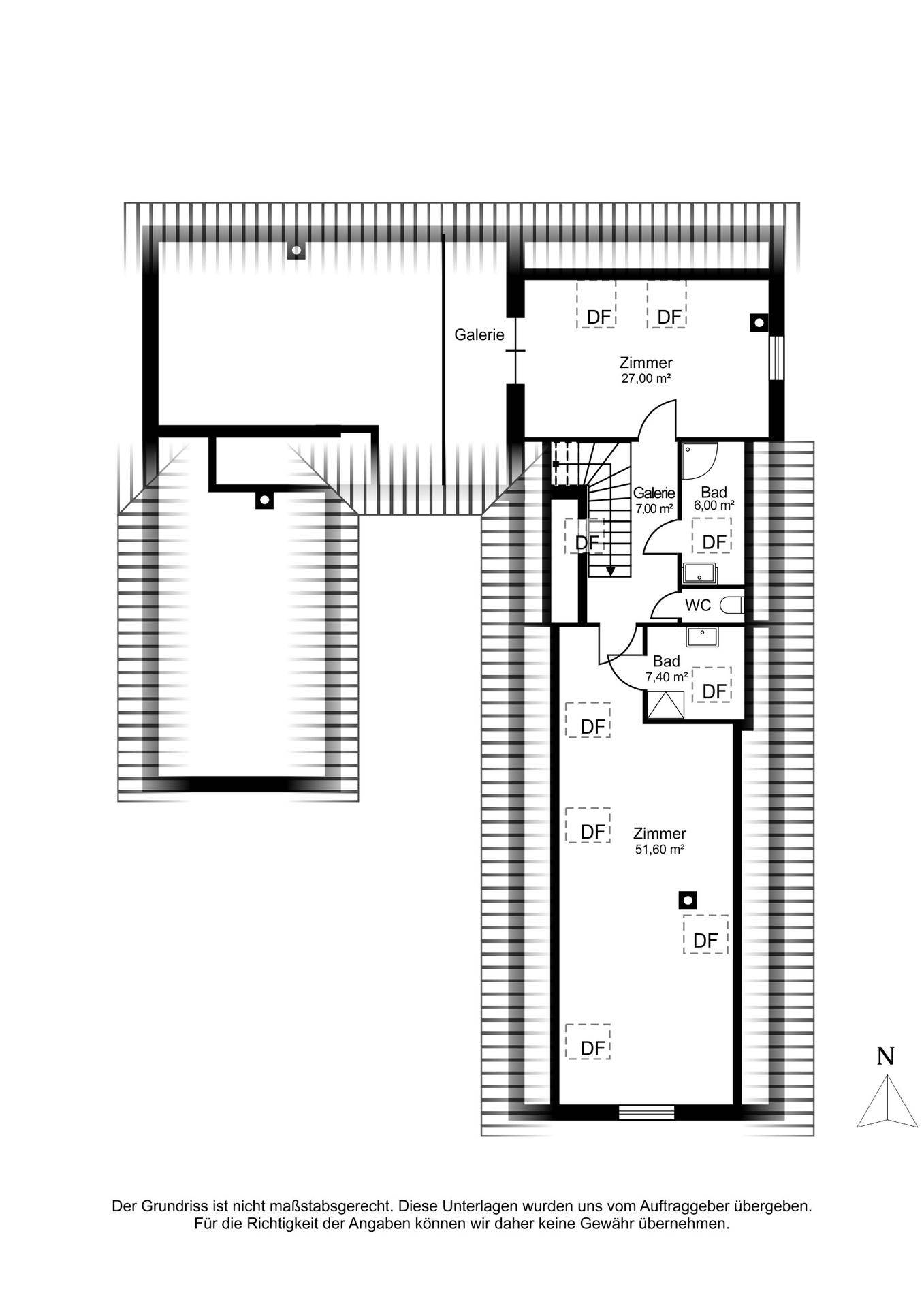 Grundriss des Obergeschosses mit Zimmern, Galerie und Bädern.