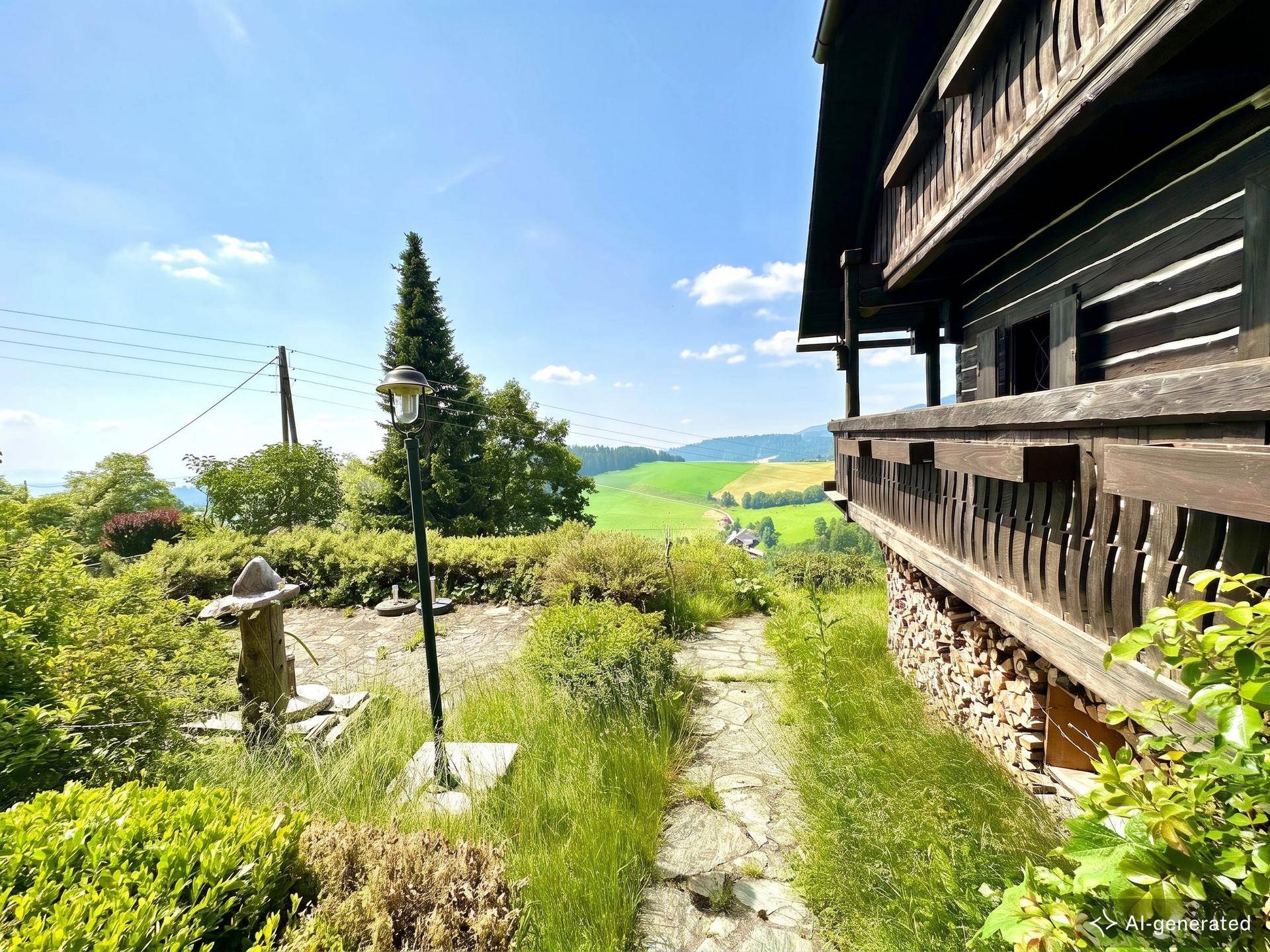 Steinpfad führt durch die grüne Landschaft mit Panoramablick auf die umliegenden Berge und Täler.