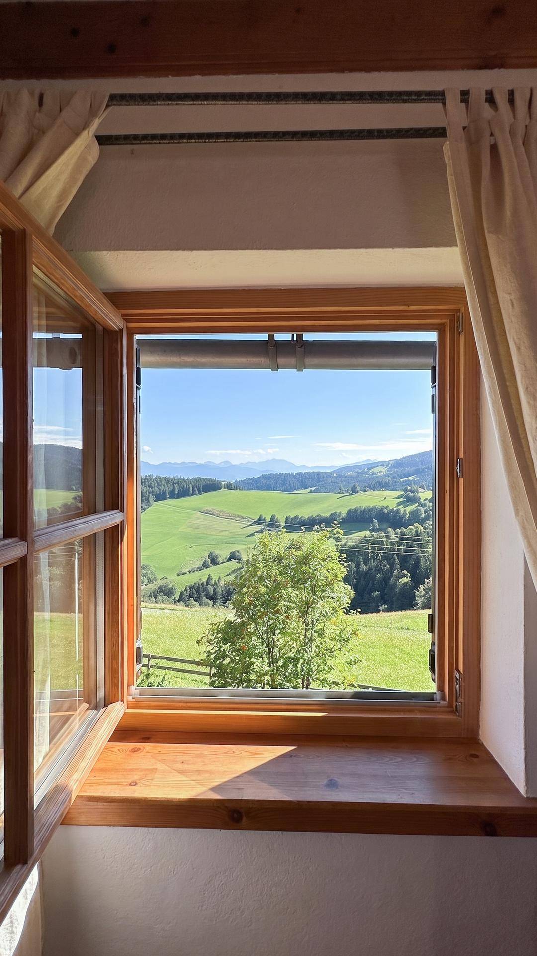 Fenster mit idyllischem Ausblick auf die sanften grünen Hügel und entfernte Berge.