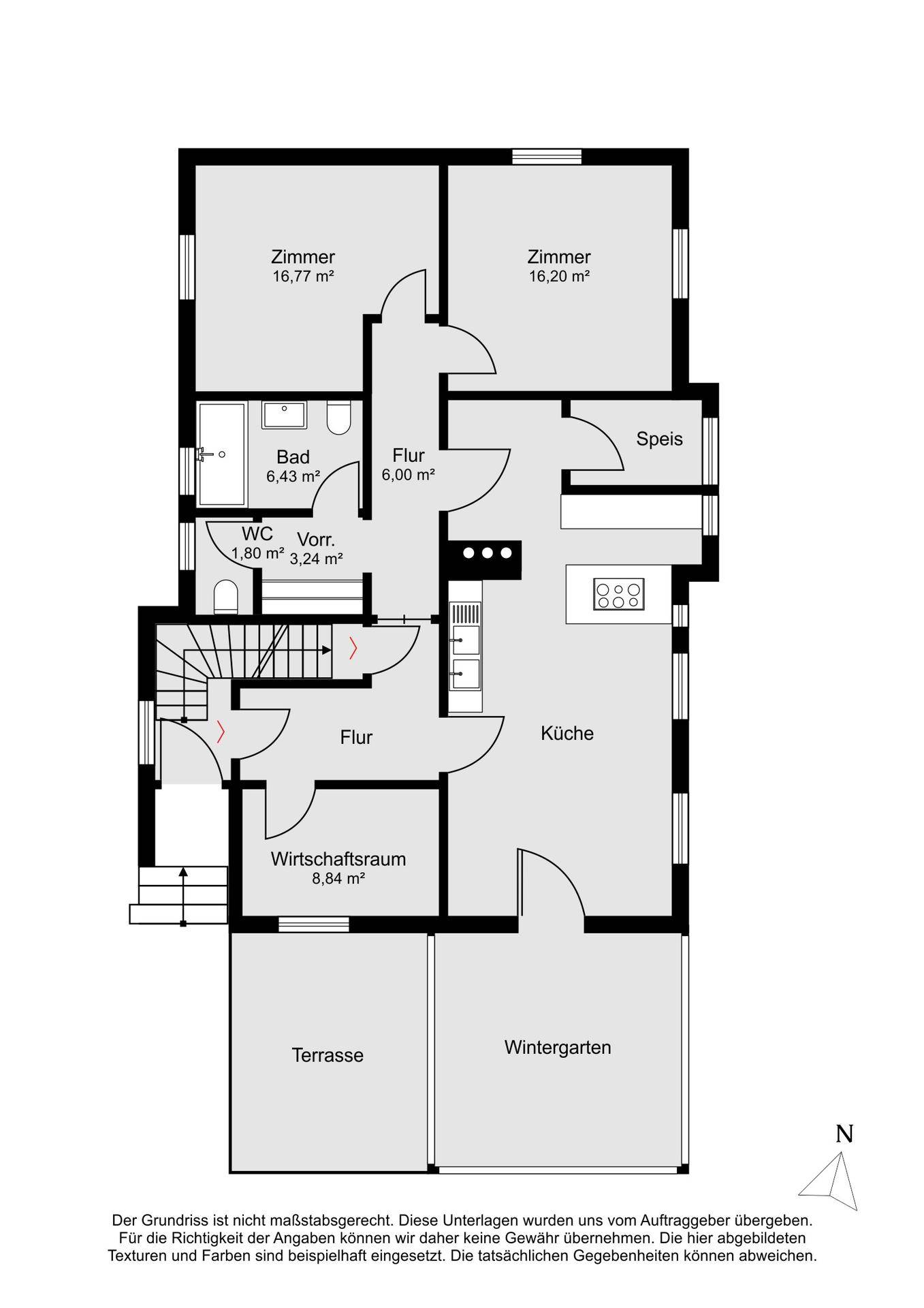 Grundriss des Erdgeschosses mit Küche, Wohnräumen, Bad, WC, Wirtschaftsraum, Terrasse und Wintergarten.