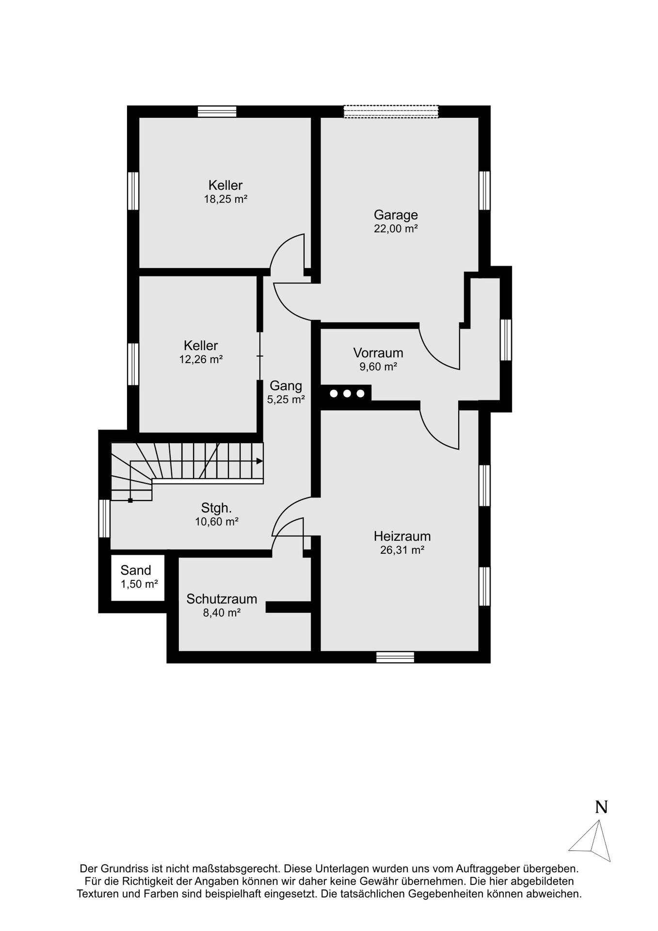 Grundriss des Kellergeschosses mit Kellerräumen, Garage, Heizraum und Schutzraum.