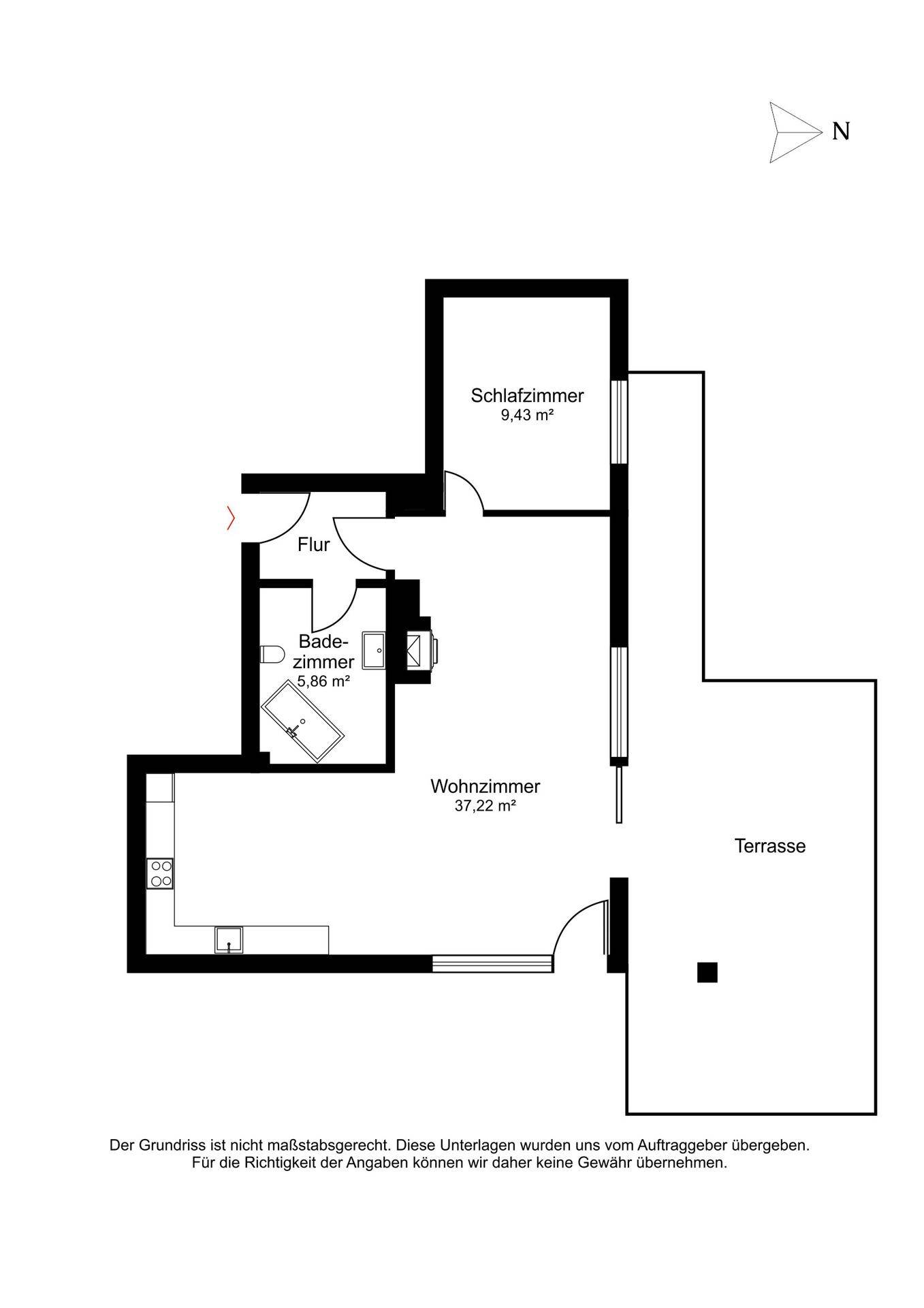 Grundriss des Untergeschosses mit Wohnzimmer, Schlafzimmer, Bad und Terrasse.