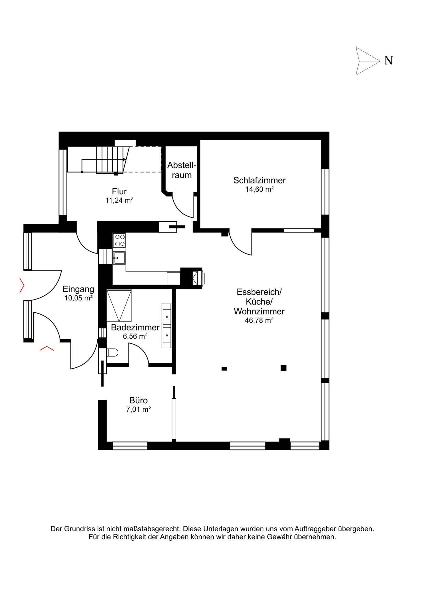 Grundriss des Erdgeschosses mit Eingang, Wohnbereich, Küche und Schlafzimmer.