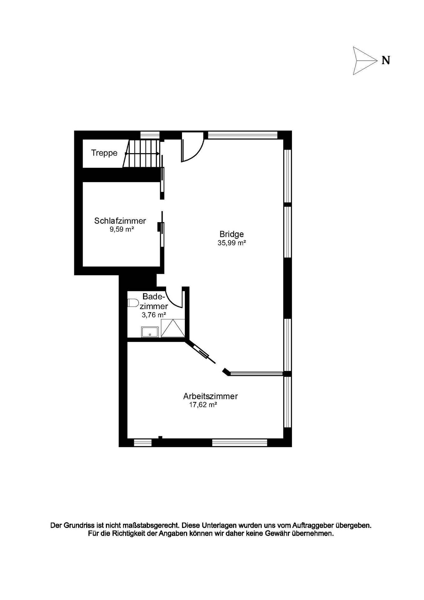 Grundriss des Obergeschosses mit Schlafzimmer, Bad und Arbeitszimmer.