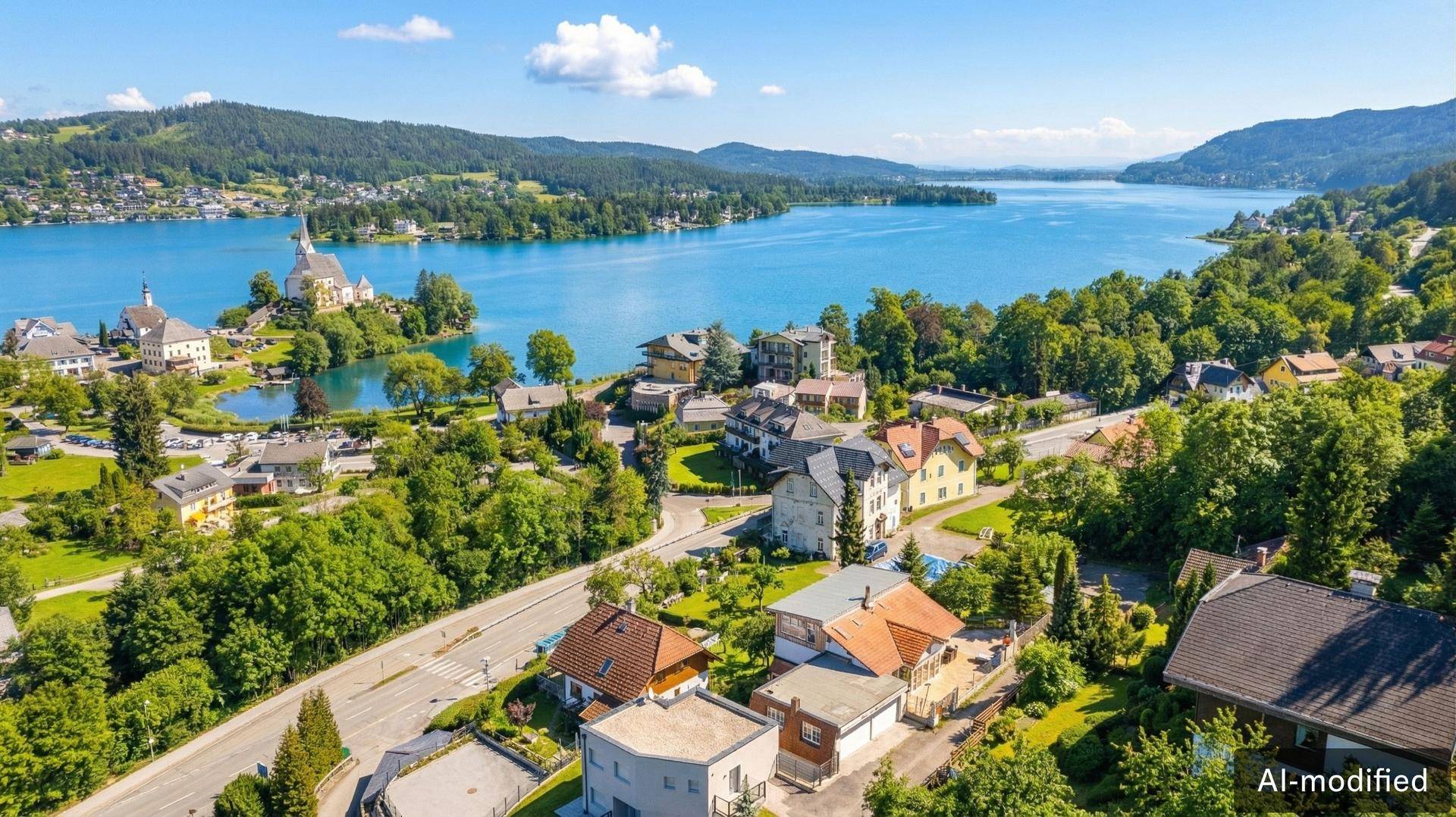 Malerische Luftaufnahme einer Stadt am See mit grünen Hügeln und einer Kirche auf einer Halbinsel.