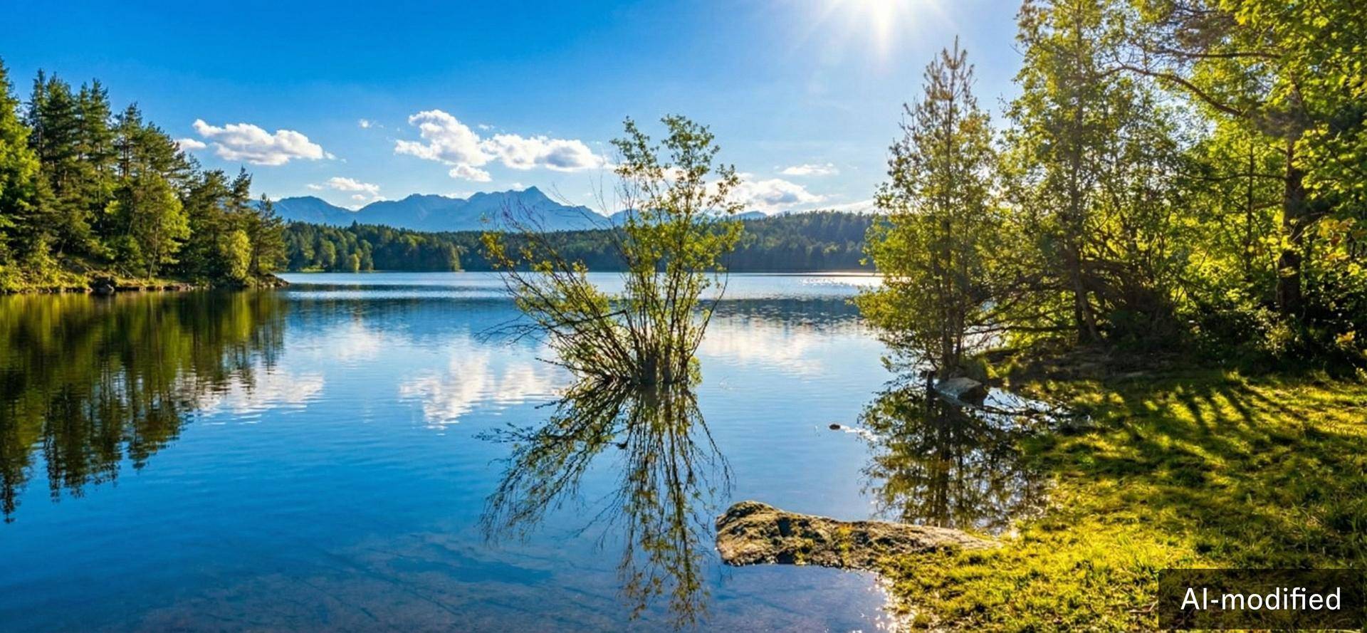 Malerischer Blick auf einen ruhigen See, umgeben von Bäumen und Bergen unter strahlend blauem Himmel.
