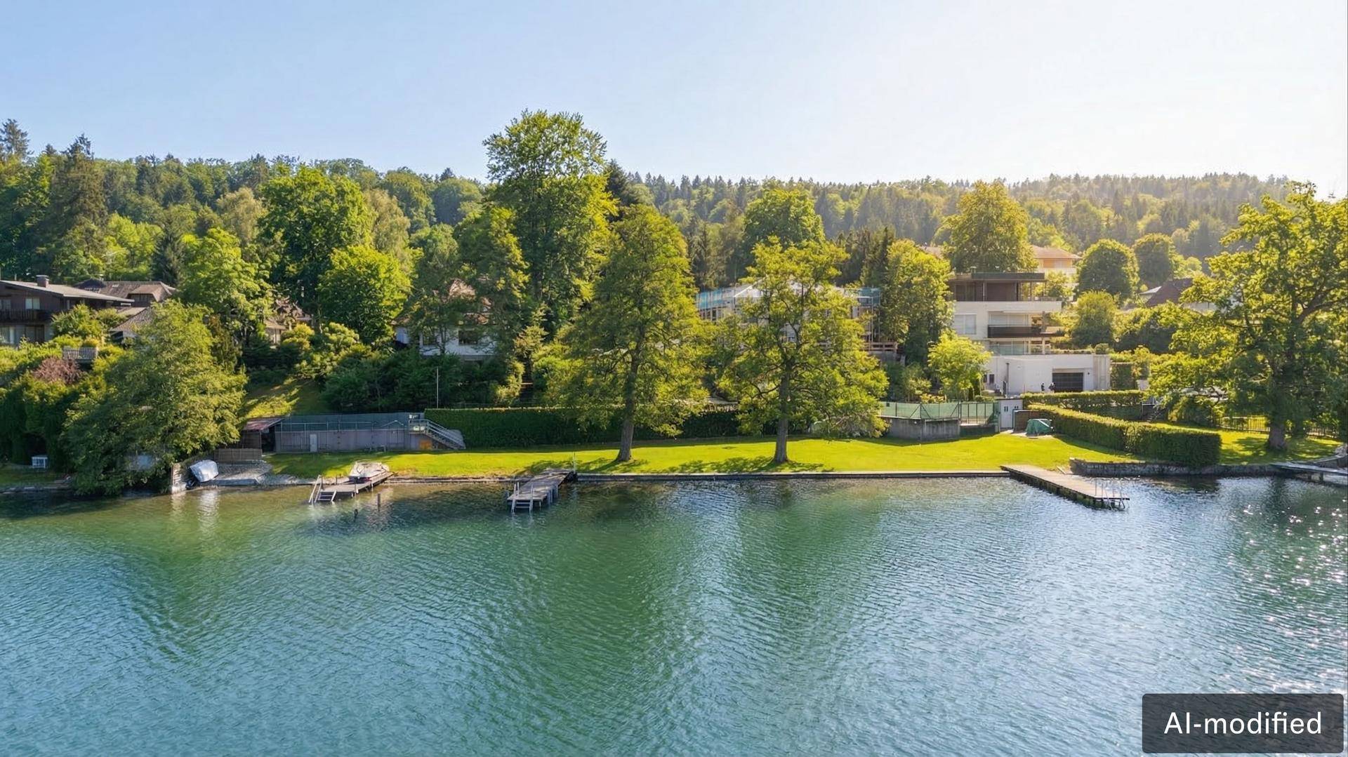 Panoramablick auf mehrere Seegrundstücke mit weitläufigen Gärten und privaten Stegen.