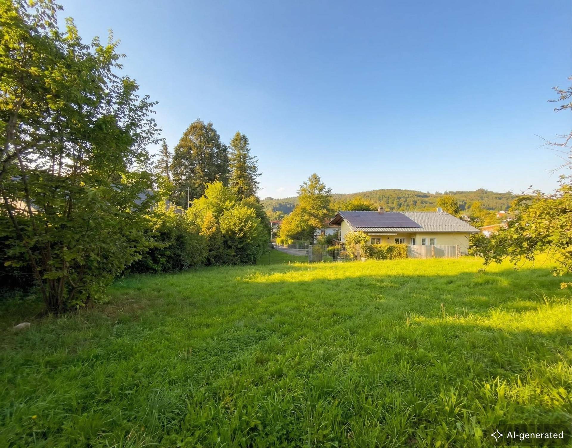 Sonniges Hanggrundstück mit grüner Wiese, Bäumen und einem Haus mit Photovoltaikanlage im Hintergrund.