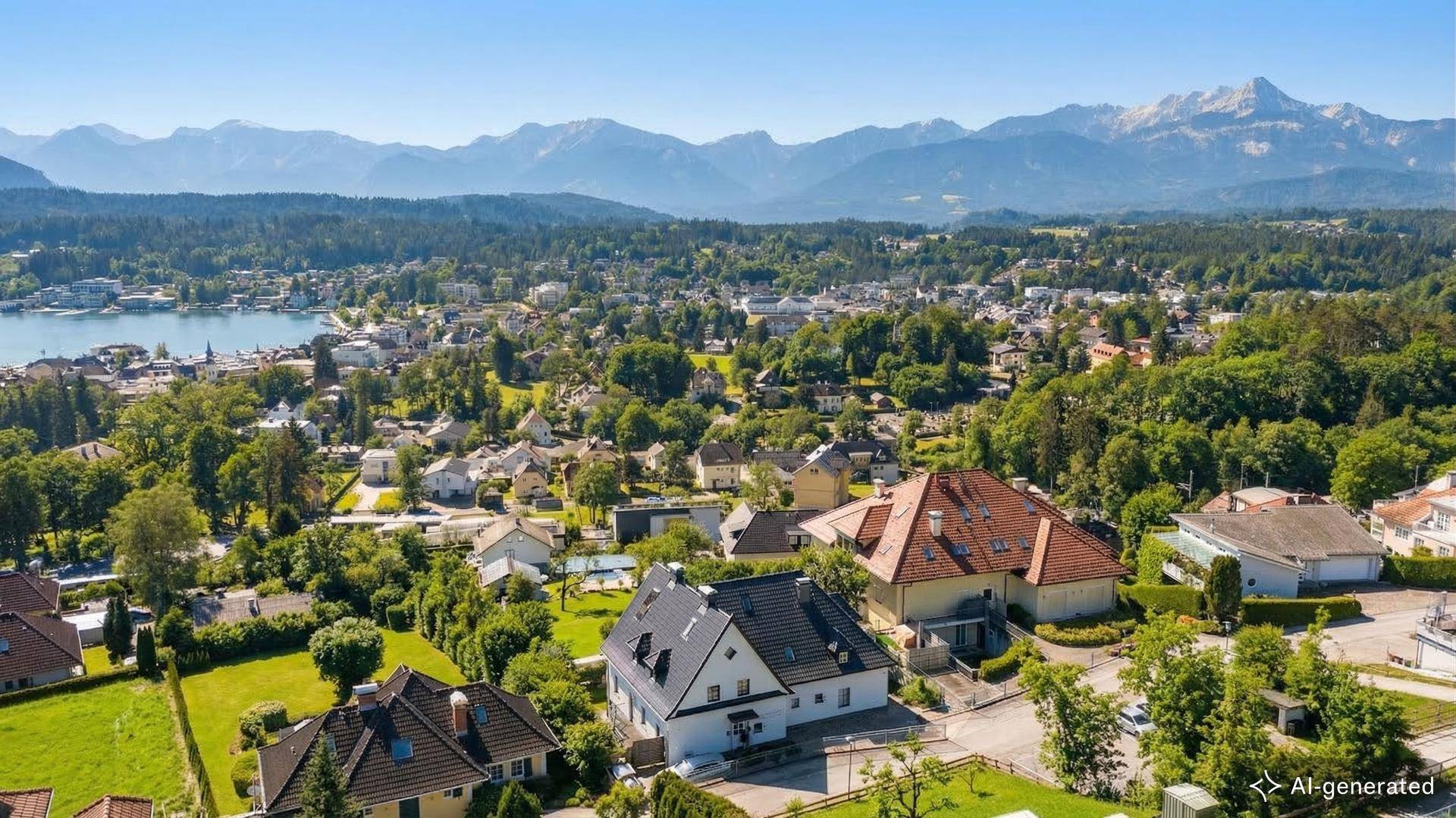 Panoramablick über die Wohngegend mit See- und Bergsicht unter blauem Himmel.
