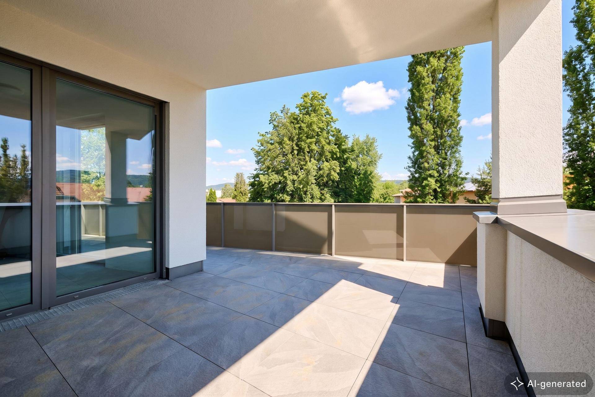 Geräumige, überdachte Terrasse mit modernen Fliesen und weitem Blick ins Grüne.