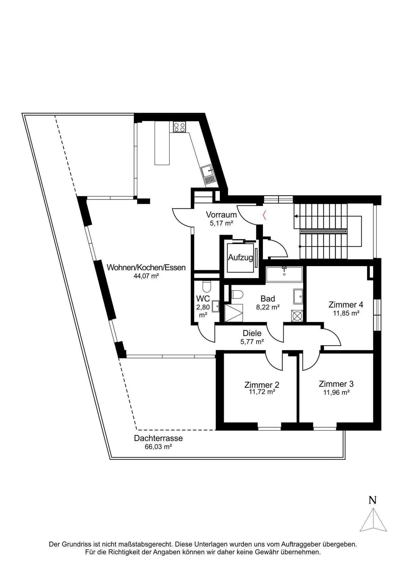 Grundriss einer Wohnung mit offenem Wohn-/Koch-/Essbereich, mehreren Zimmern und großer Dachterrasse.