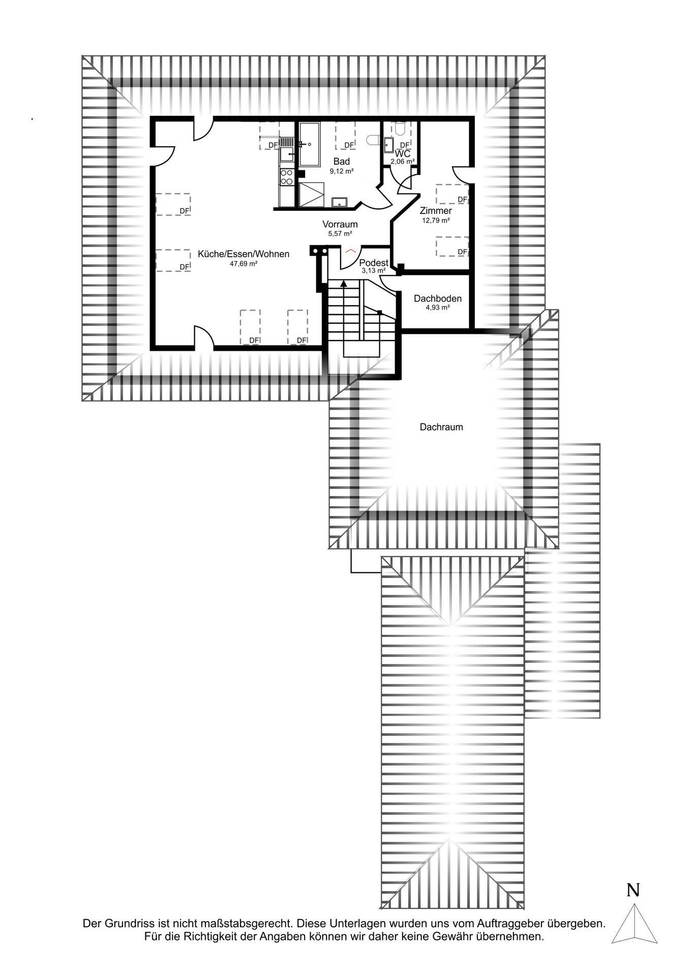Grundriss des Obergeschosses mit Küche/Essen/Wohnen, Bad, Zimmer und Dachboden.