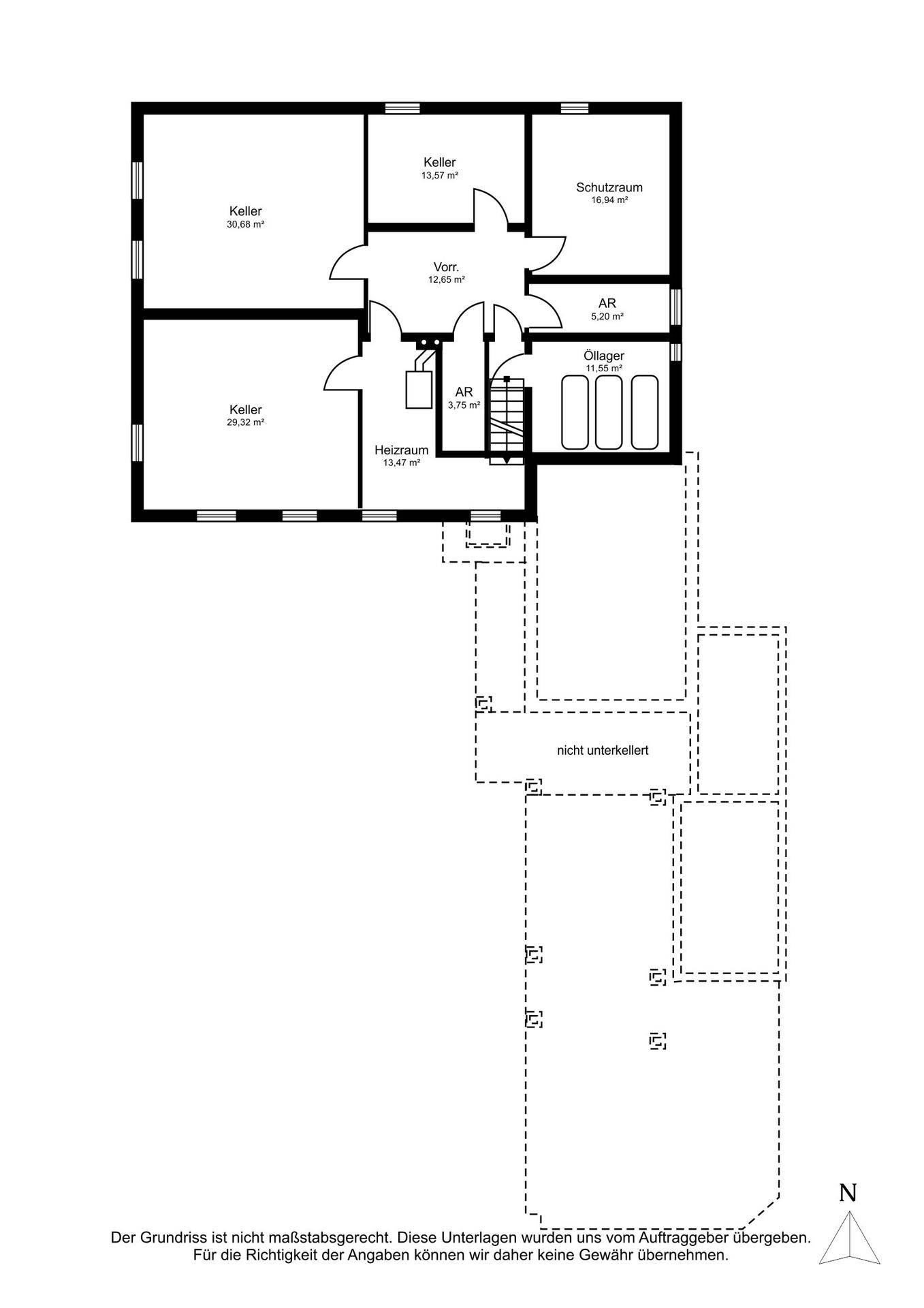 Grundriss des Kellers mit mehreren Kellerräumen, Heizraum und Schutzraum.