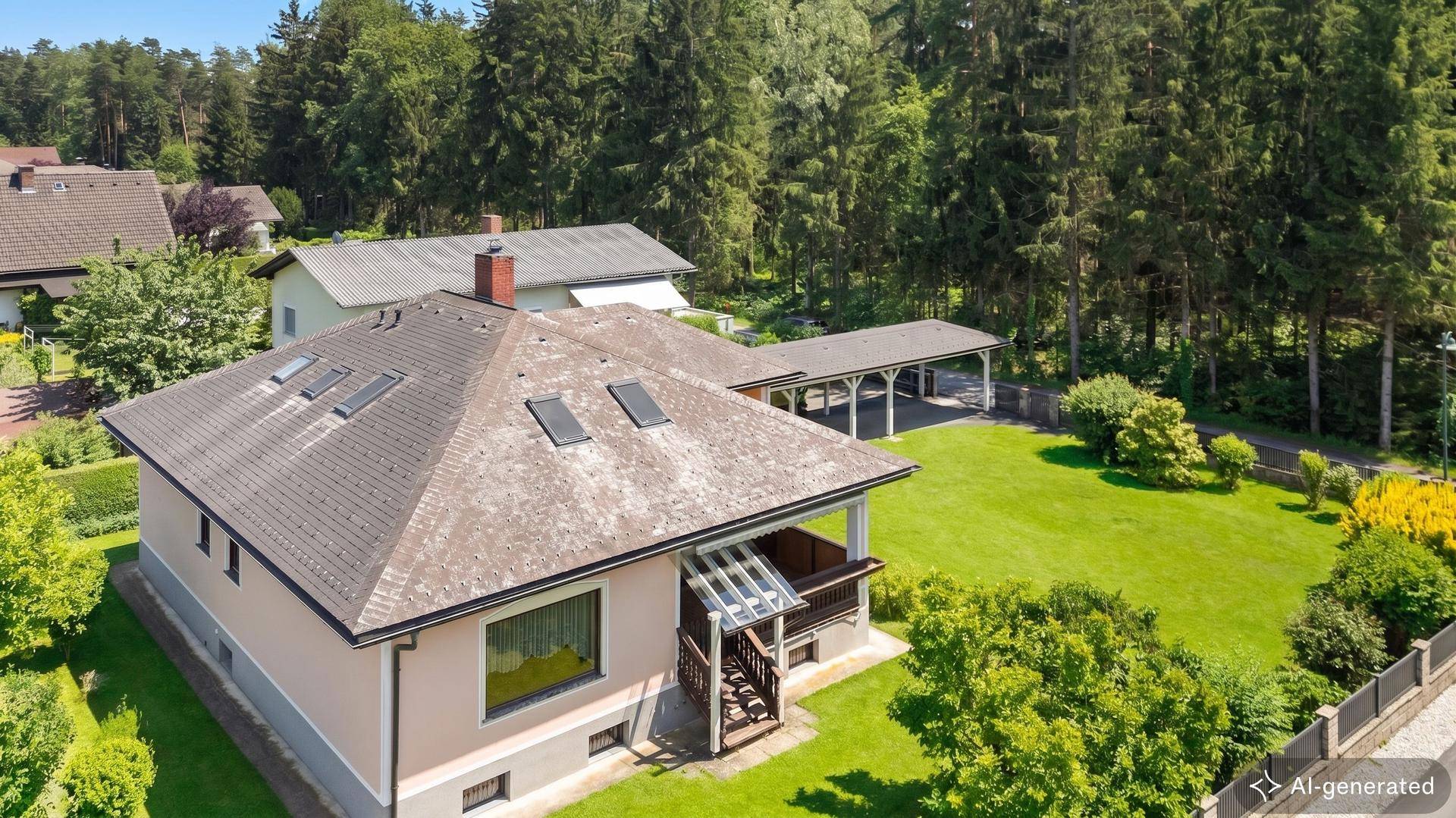 Luftaufnahme des Hauses mit großem Garten, umgeben von Bäumen und viel Grün.