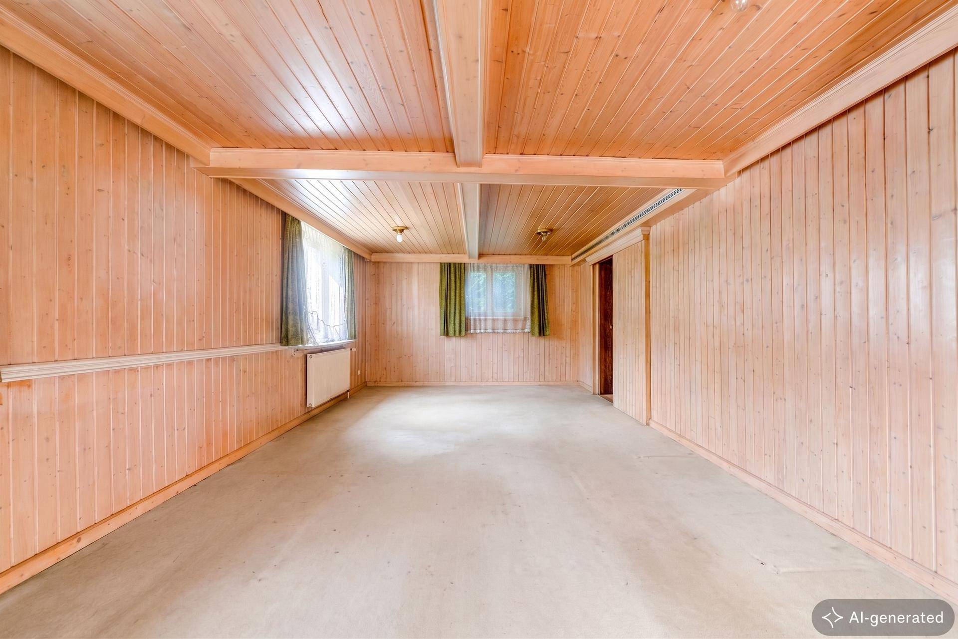 Geräumiger Kellerraum mit Holzvertäfelung an Wänden und Decke, ideal als Hobbyraum.