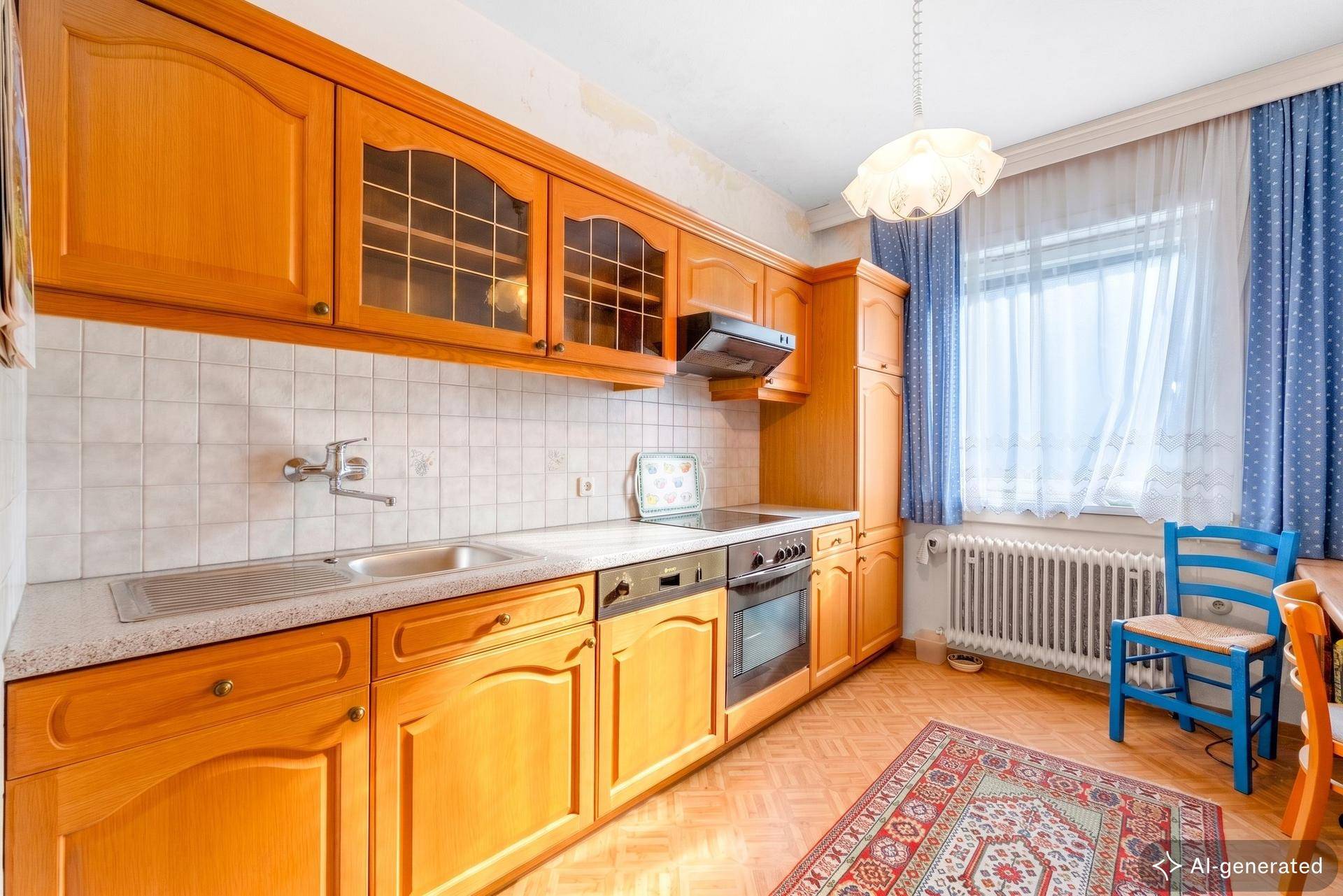 Traditionelle Holzküche mit Fliesenrückwand, integrierten Geräten und Essbereich.