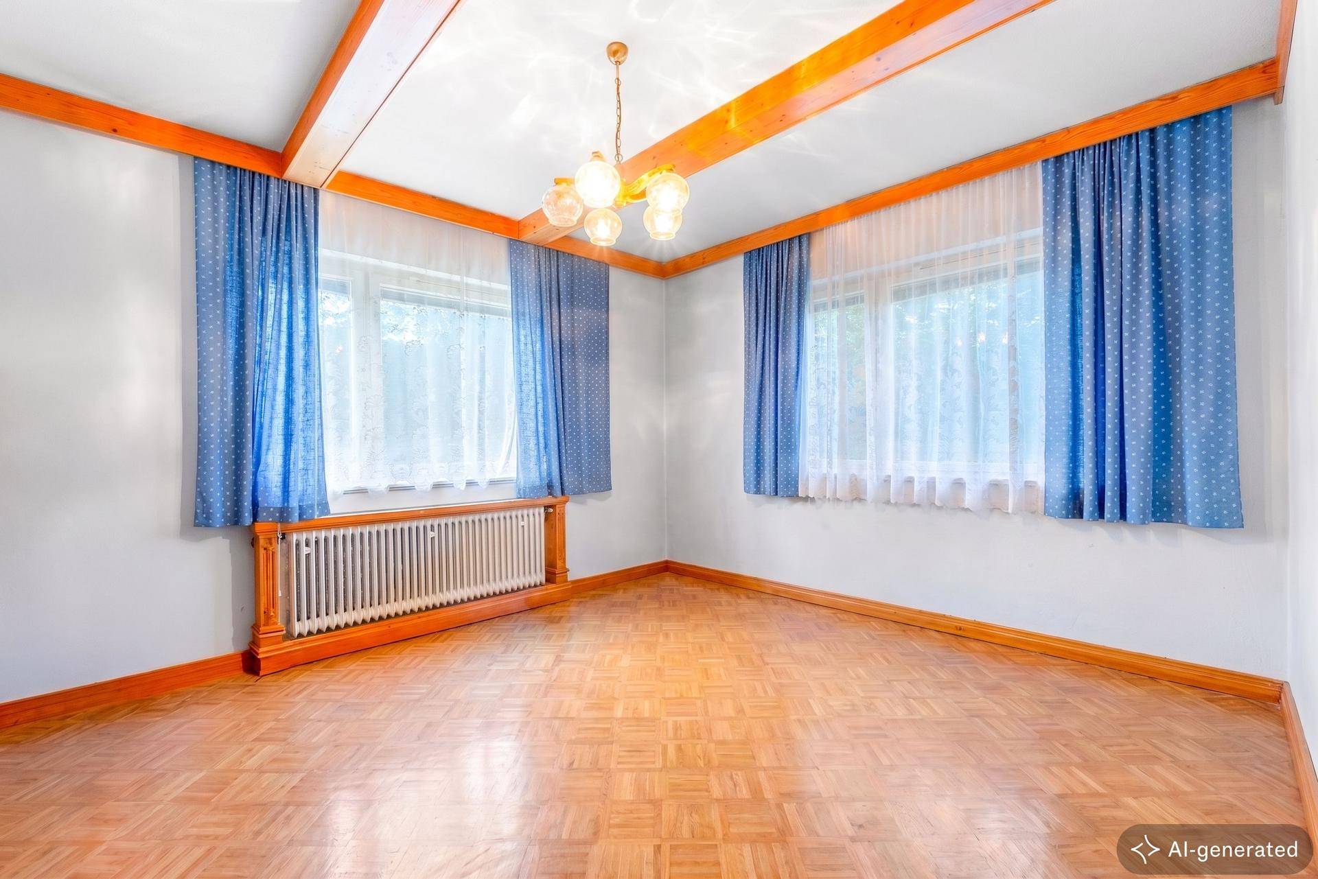 Heller Raum mit Parkettboden, Holzbalken an der Decke und großen Fenstern.