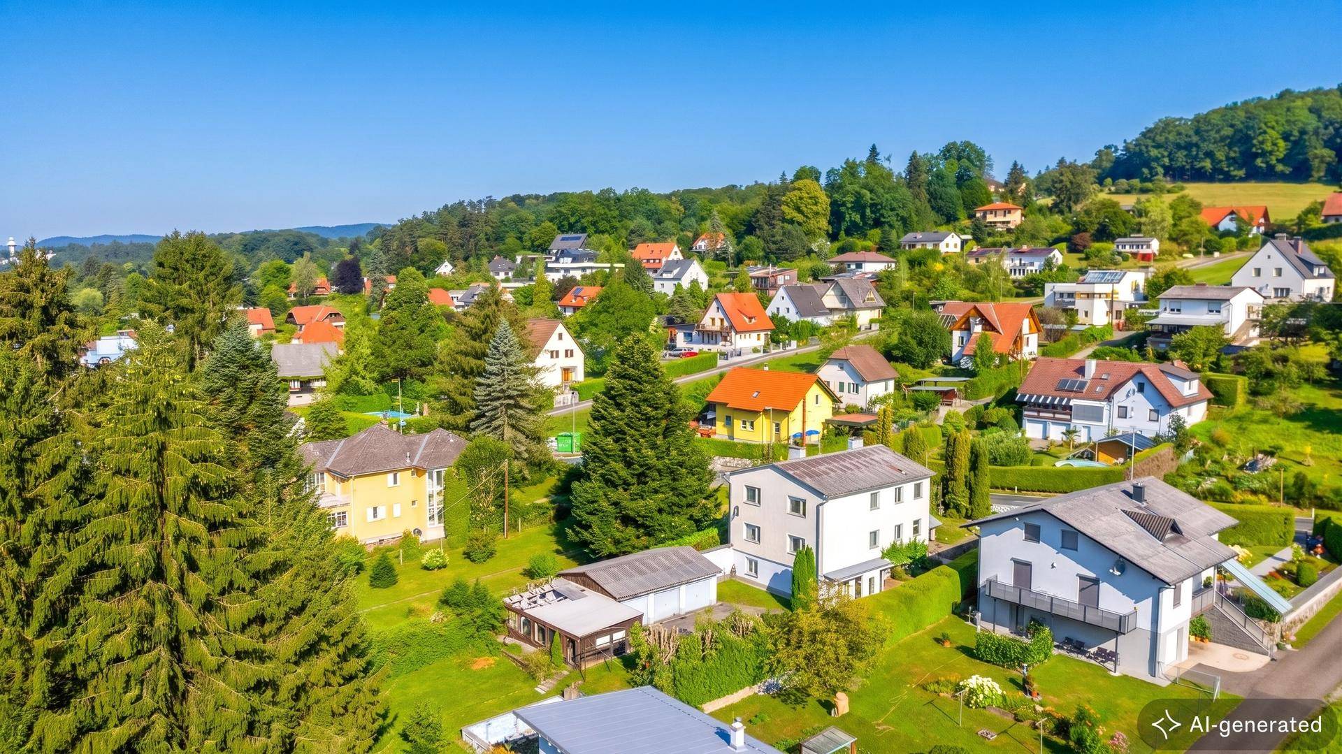 Weitläufige Luftaufnahme der Wohnsiedlung, eingebettet in eine grüne Hügellandschaft.