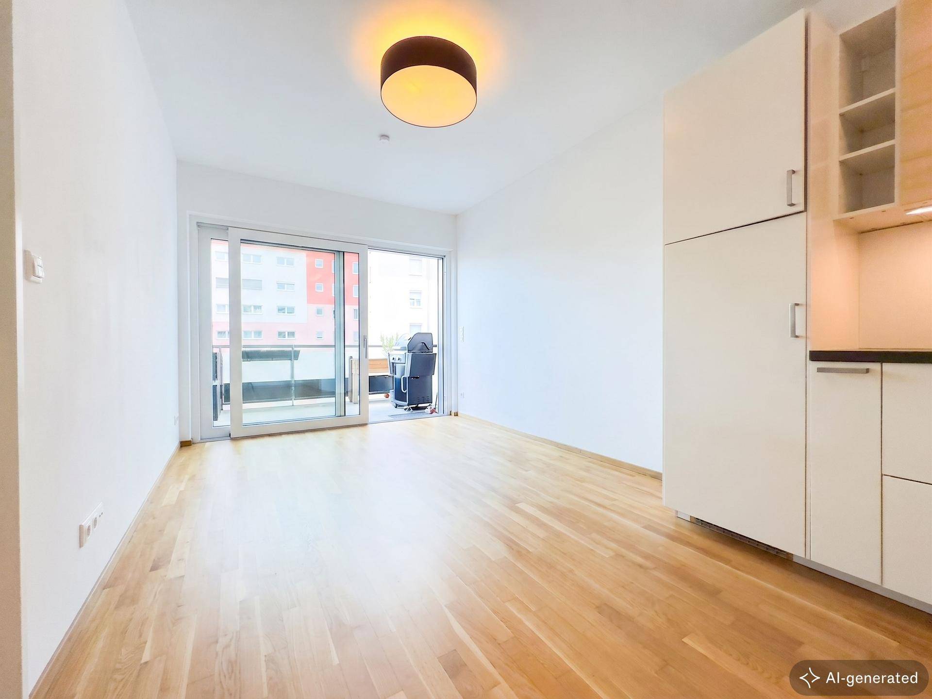 Heller Wohnbereich mit Holzboden, weißen Wänden und Zugang zu einem sonnigen Balkon.