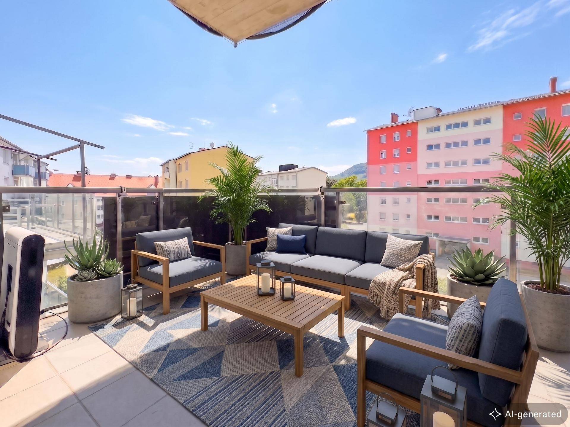 Geräumige Dachterrasse mit modernen Loungemöbeln, Pflanzen und Blick auf die umliegenden Gebäude.