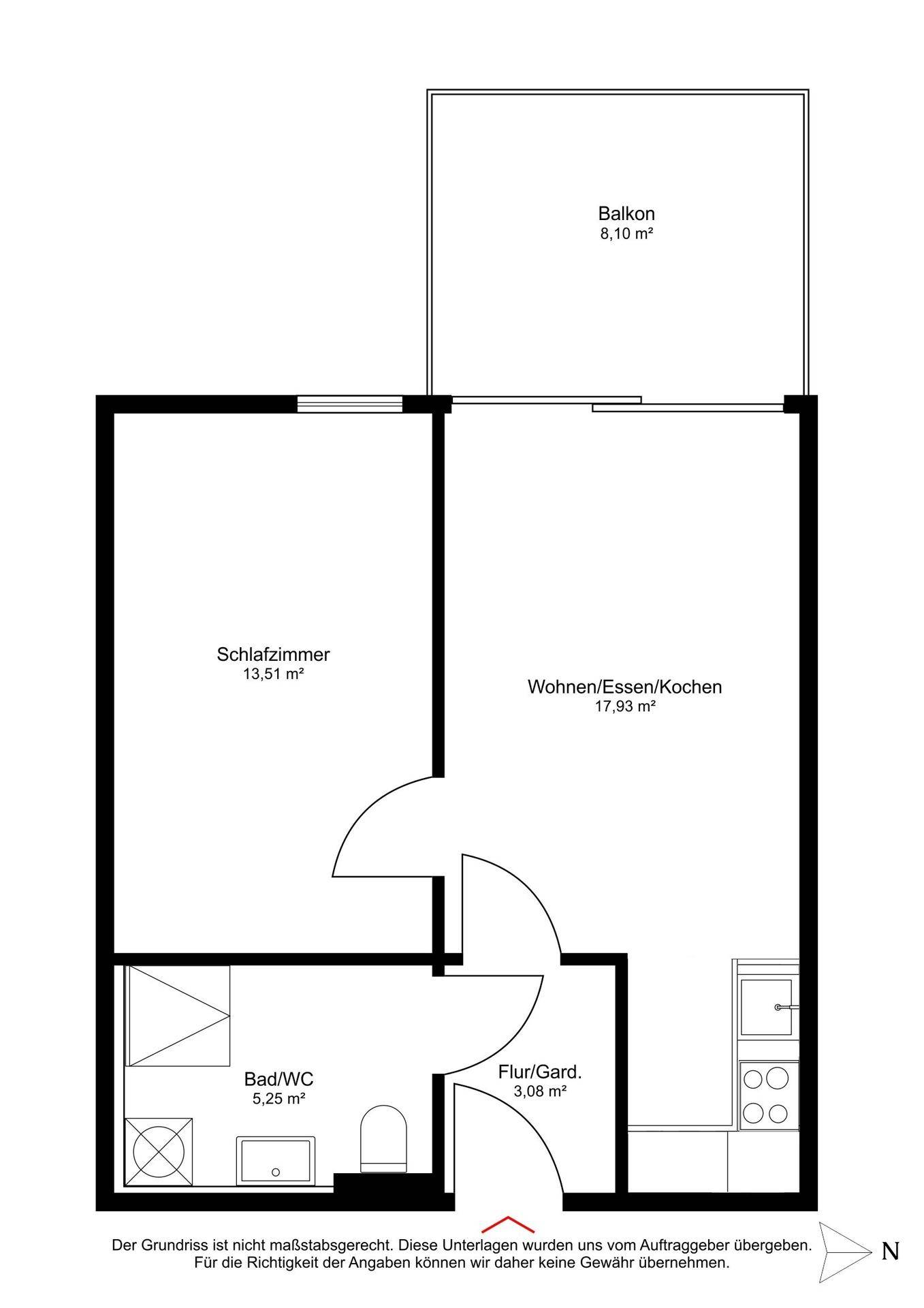 Grundriss einer Wohnung mit Schlafzimmer, Bad, Wohn-/Ess-/Kochbereich und Balkon.