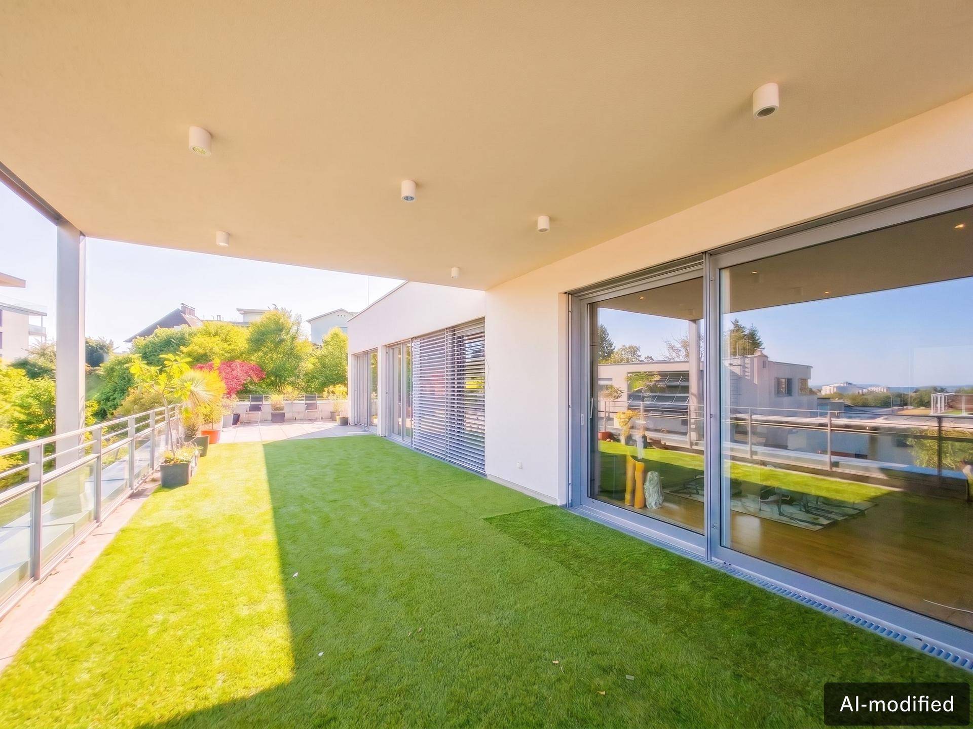 Weitläufige Dachterrasse mit Kunstrasen und großen Glasfronten zum Innenbereich.