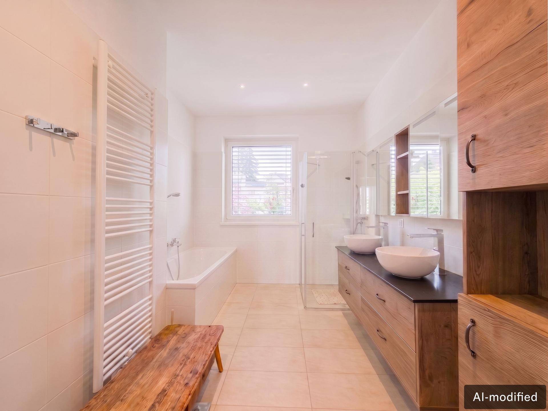 Geräumiges Badezimmer mit Doppelwaschbecken, Badewanne, Dusche und Fenster.