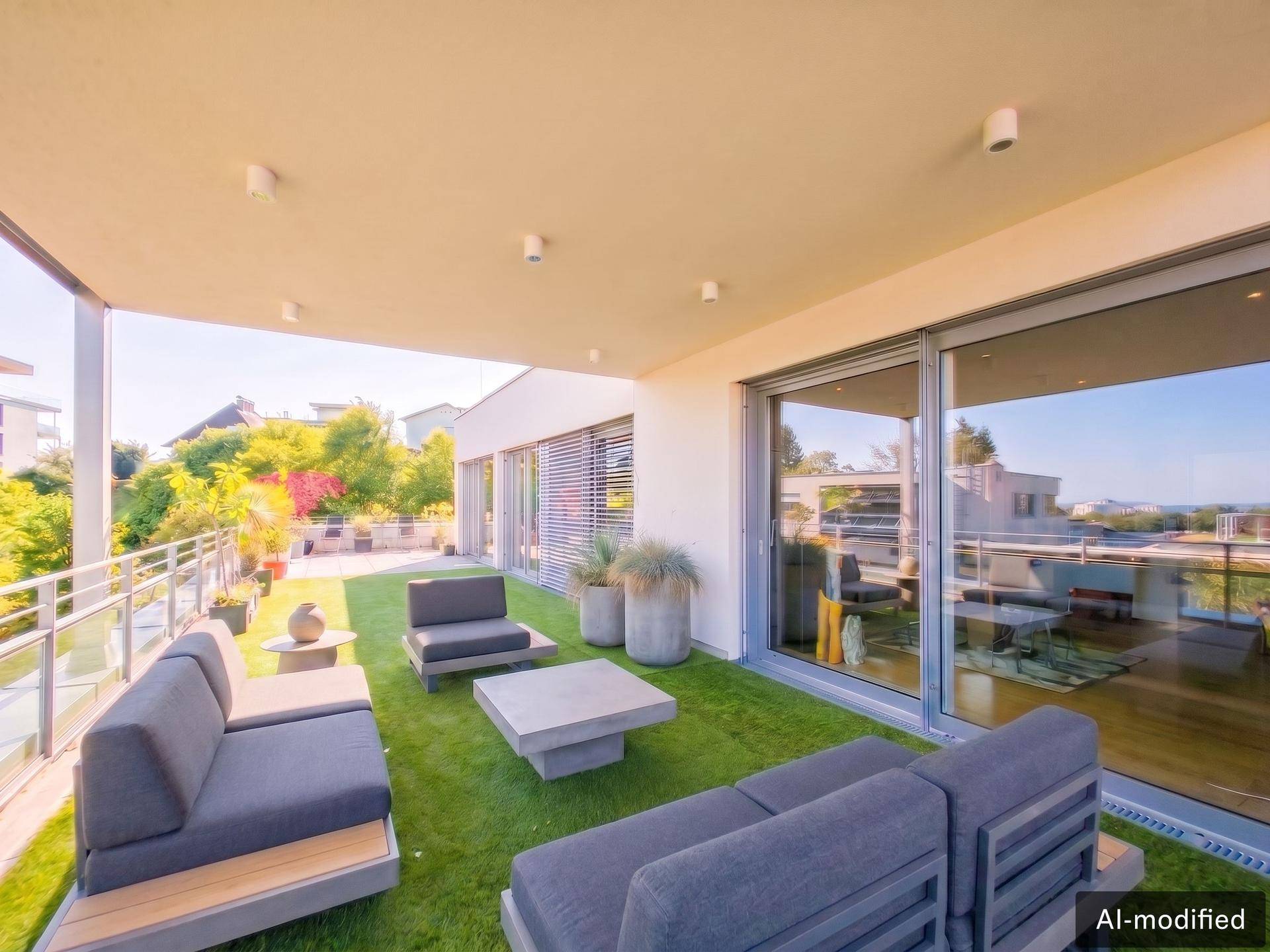 Große, begrünte Dachterrasse mit modernen Lounge-Möbeln und weitem Blick.