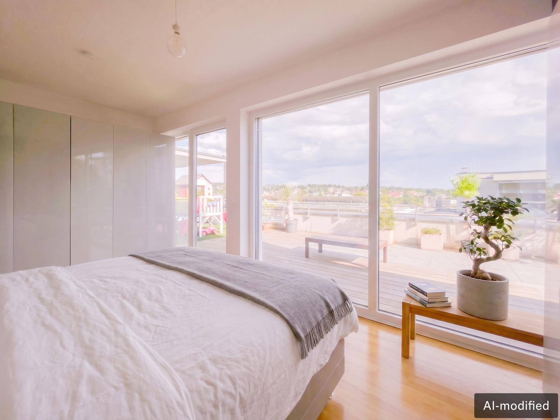 Schlafzimmer mit großen Fenstern, Holzboden und direktem Zugang zur Dachterrasse.