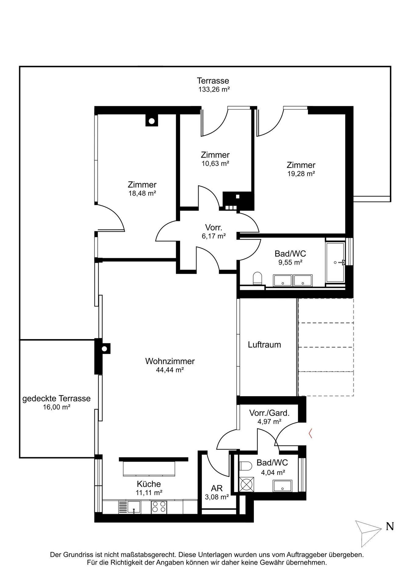 Grundriss der Wohnung mit Zimmern, Bädern, Küche und Terrassenflächen.