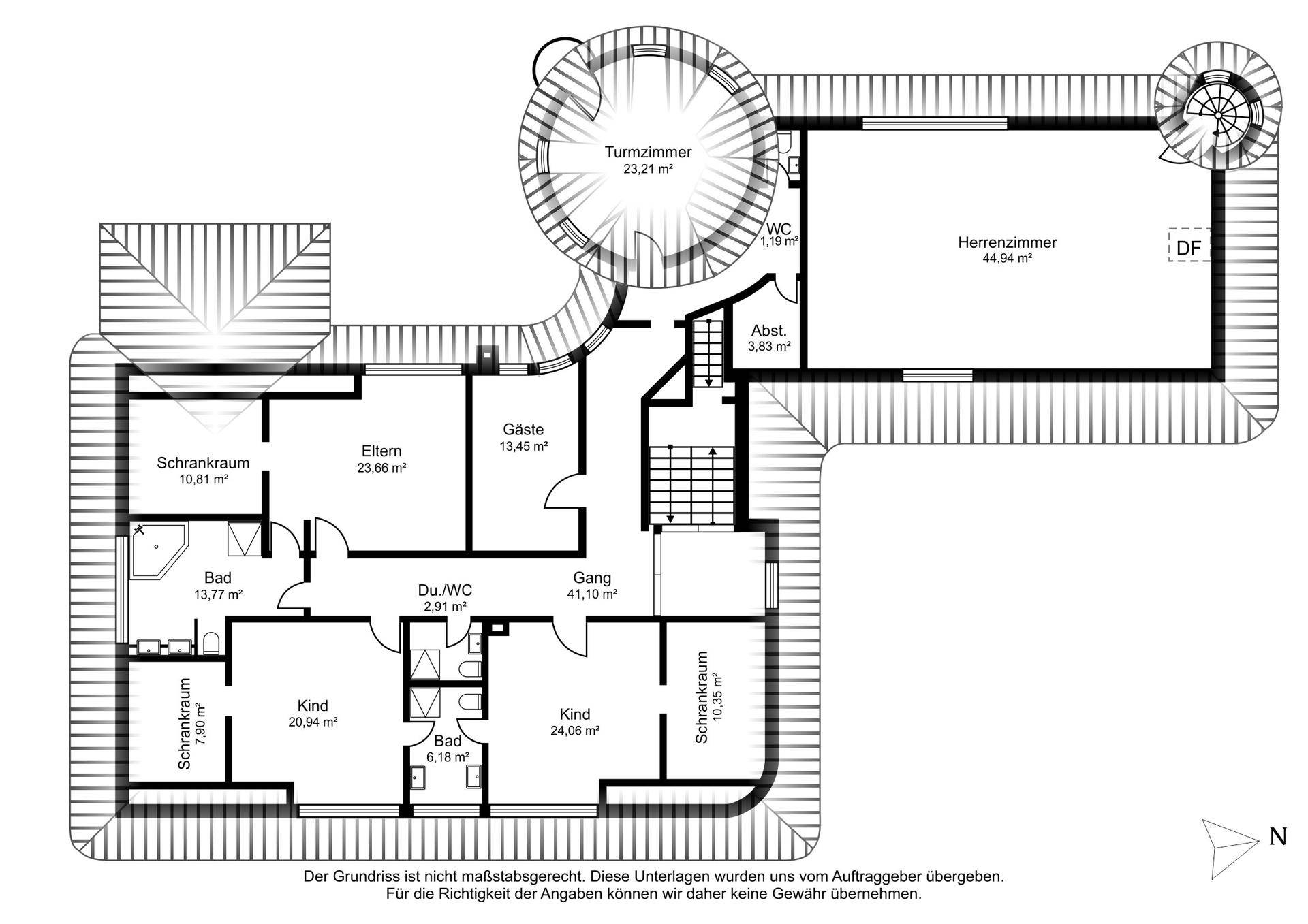 Grundriss des Obergeschosses mit Schlafzimmern, Bädern und einem Turmzimmer.