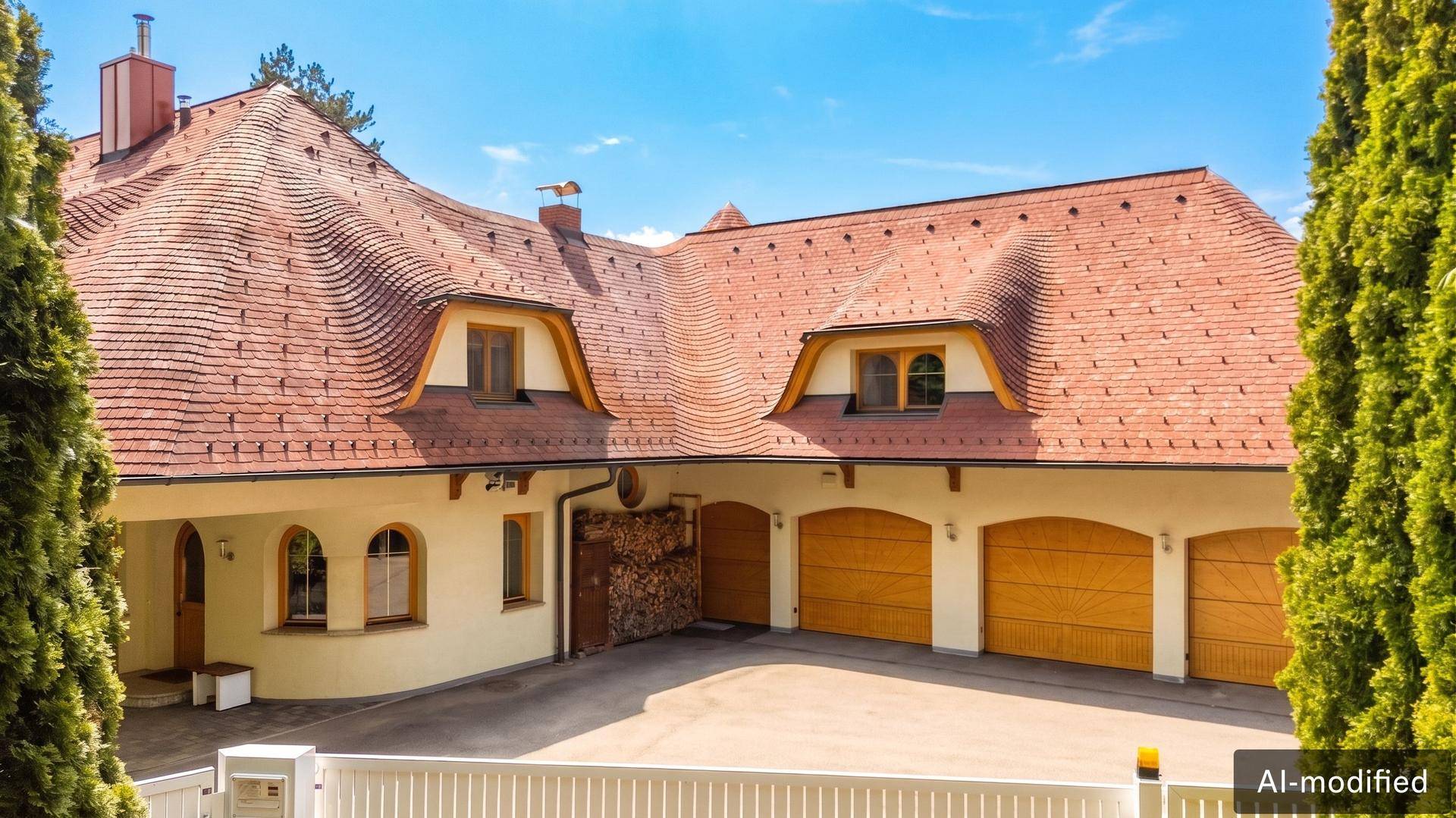 Vorderansicht der Villa mit mehreren Garagentoren und einem markanten Ziegeldach.