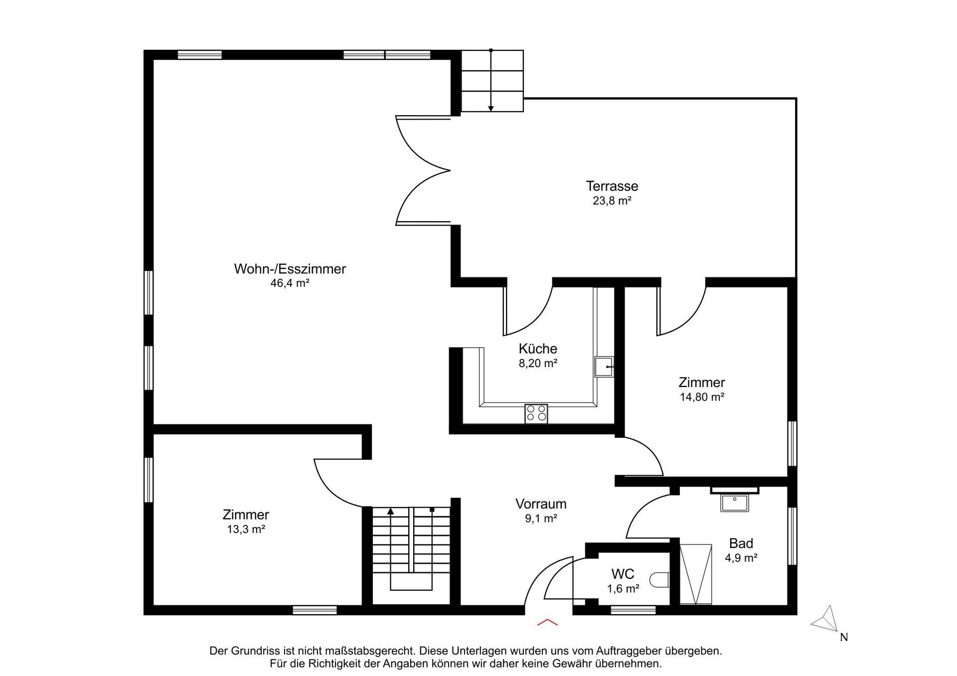 Grundriss des Erdgeschosses mit Wohn-Esszimmer, Küche, zwei Zimmern, Bad, WC und Terrasse.