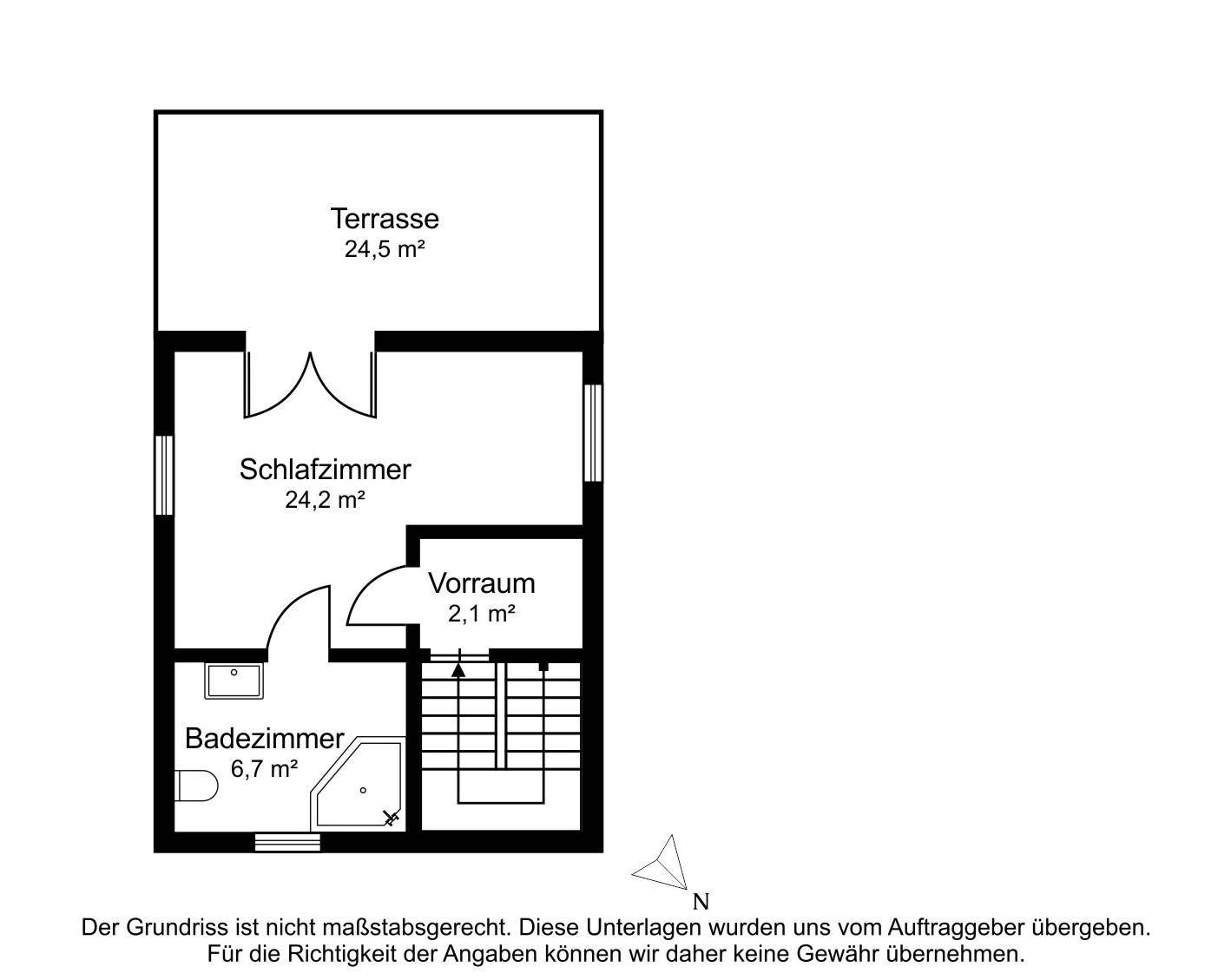 Grundriss des Obergeschosses mit Schlafzimmer, Badezimmer und großer Terrasse.