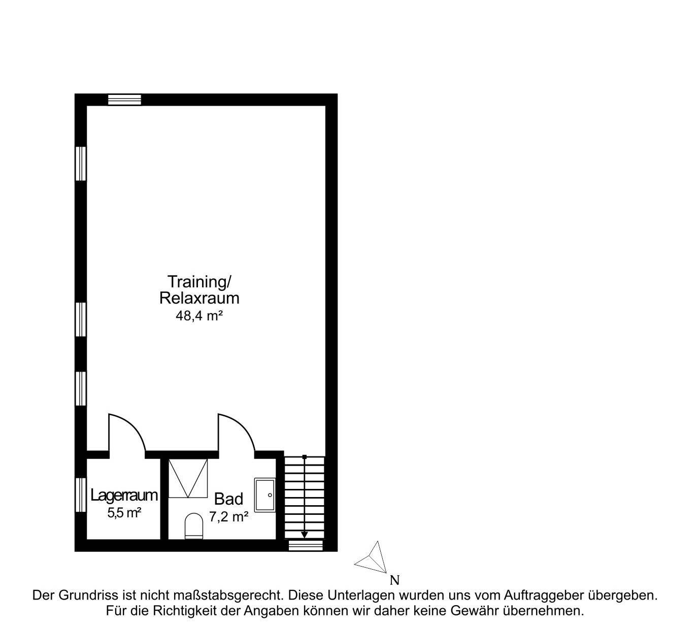 Grundriss des Untergeschosses mit Trainings-/Relaxraum, Lagerraum und Badezimmer.