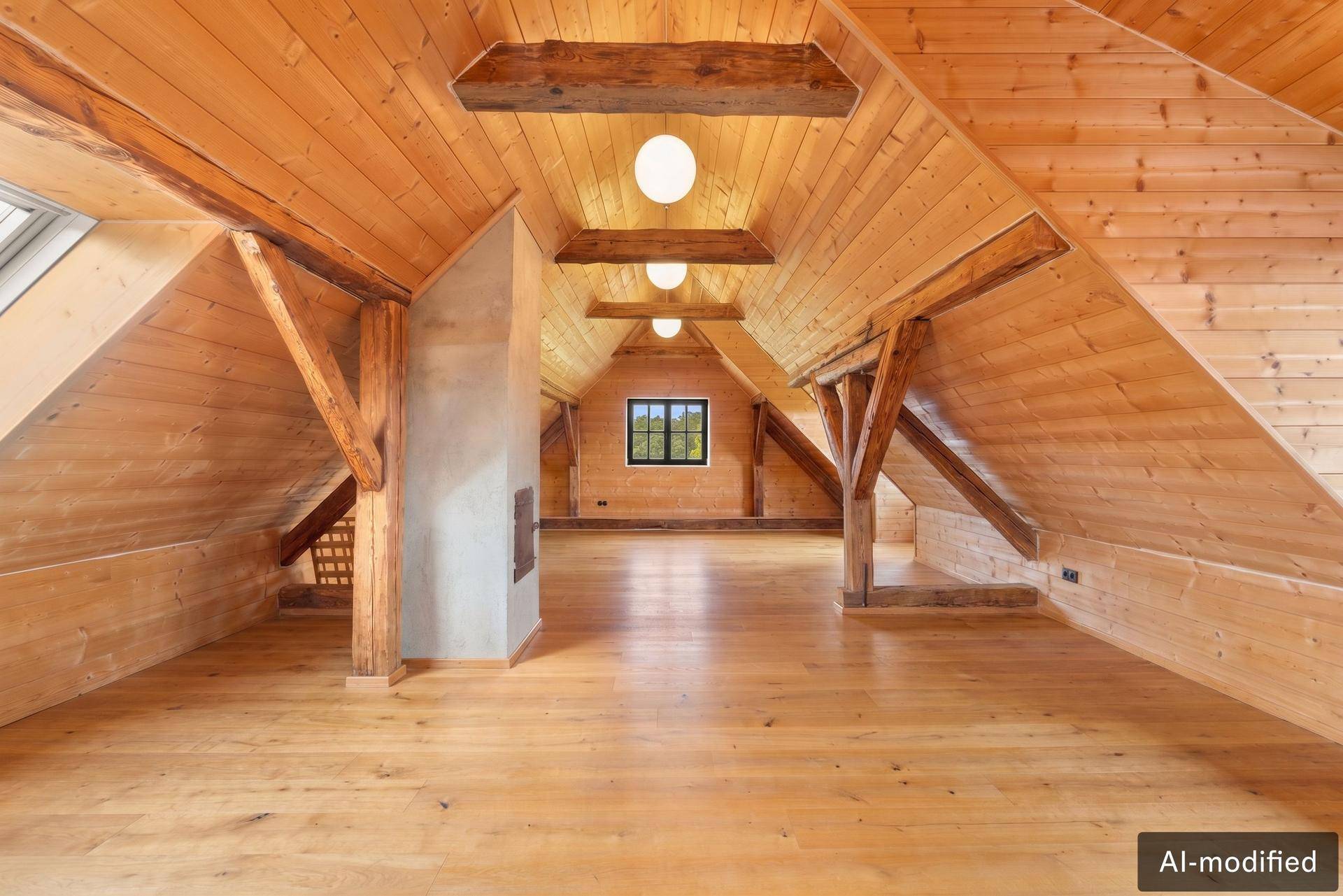 Geräumiges Dachgeschoss mit Holzbalken, Holzboden und mehreren Fenstern für viel Licht.