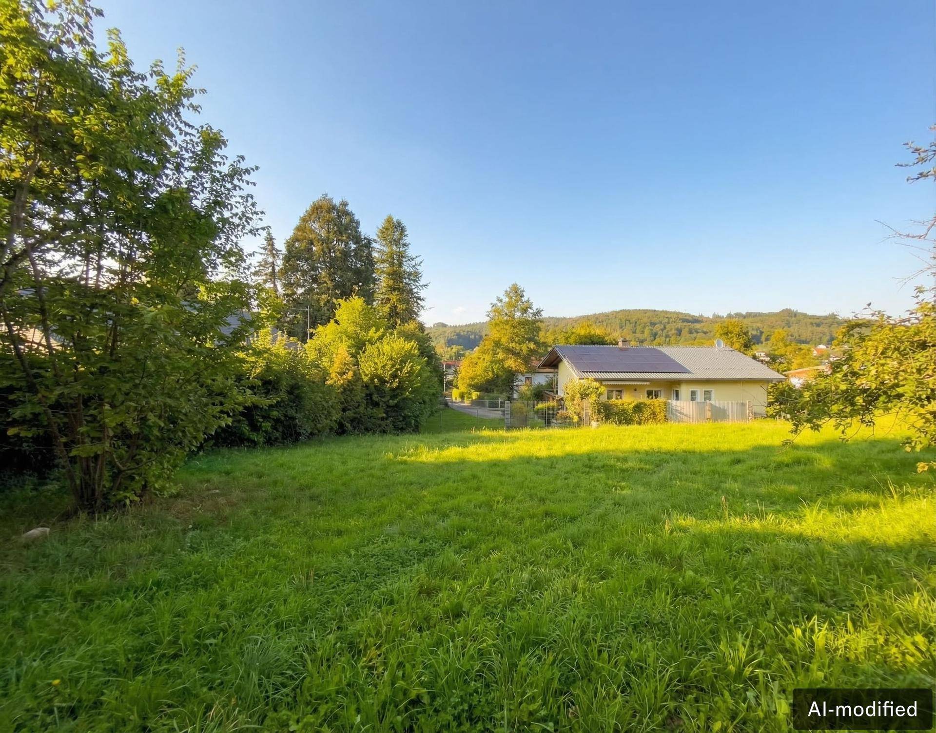 Weitläufige Grünfläche mit sonniger Ausrichtung und Blick auf ein Wohnhaus mit Solaranlage.