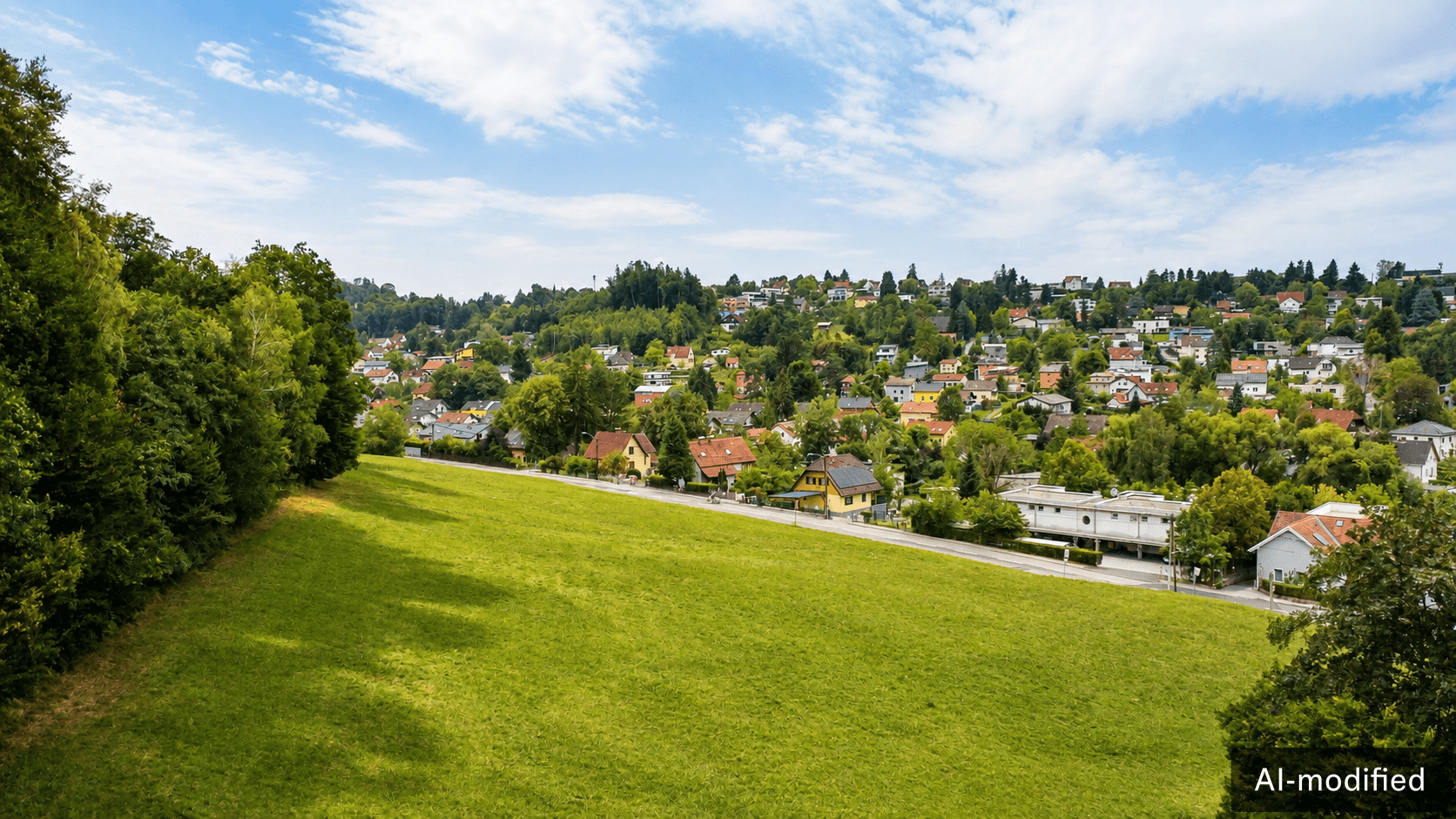 Panoramablick über eine grüne Hügellandschaft mit verstreuten Wohnhäusern und viel Natur.