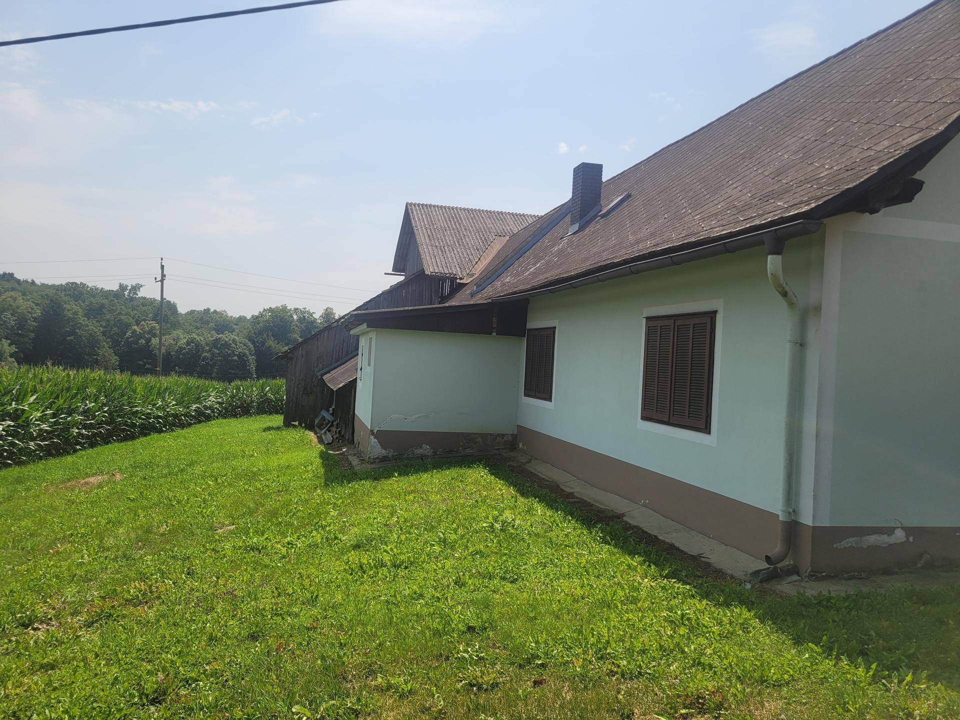 Seitenansicht des Anwesens mit Wohnhaus und angrenzendem Scheunengebäude, umgeben von grünen Feldern.