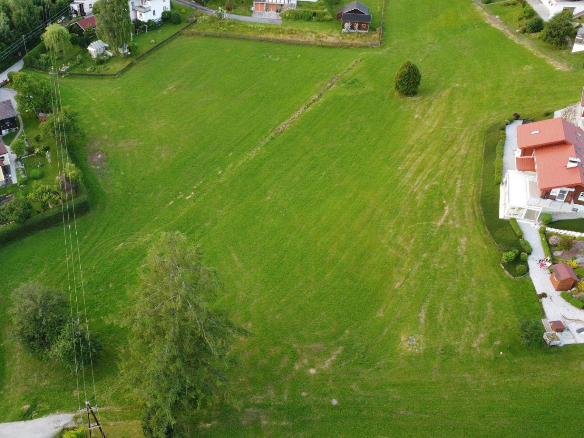 Luftaufnahme eines großen, grünen Grundstücks umgeben von Wohnbebauung und Bäumen.