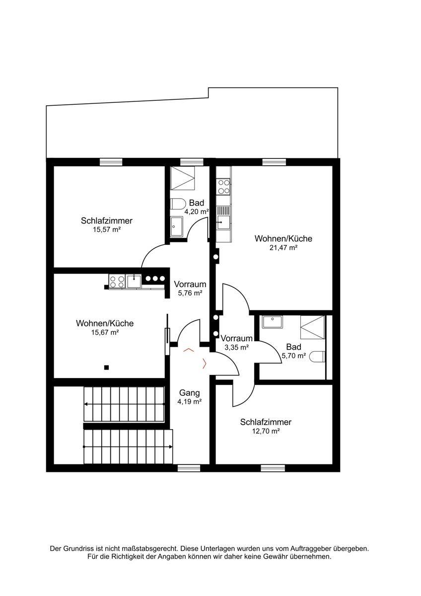 Grundrissplan einer Etage mit zwei Wohneinheiten, jeweils mit Wohnküche, Schlafzimmer und Bad.