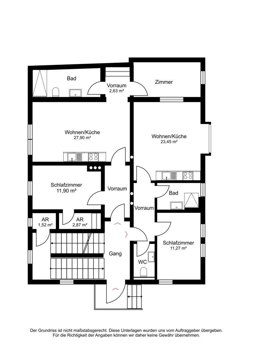 Grundrissplan einer Etage mit zwei Wohneinheiten, jeweils mit Wohnküche, Schlafzimmer und Bad.