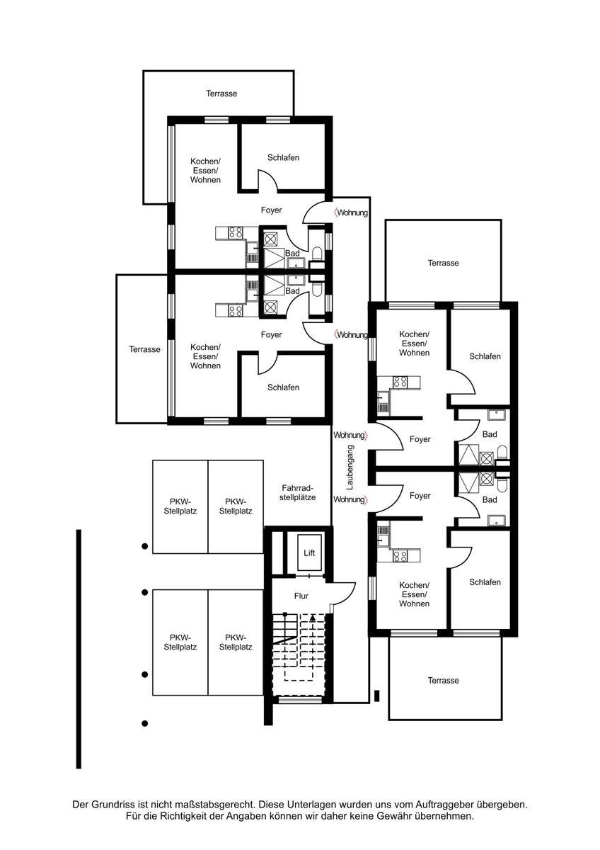 Grundrissplan einer Etage mit mehreren Wohnungen, Terrassen, Parkplätzen und einem Aufzug.