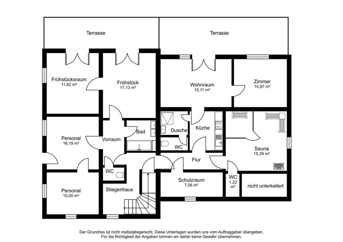 Grundriss des Erdgeschosses mit Frühstücksräumen, Wohnraum, Zimmer und Sauna.