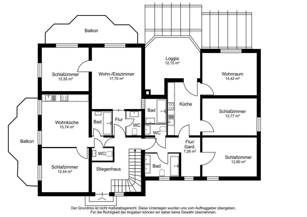 Grundriss des Obergeschosses mit Schlafzimmern, Wohn-Esszimmer, Loggia und Balkonen.