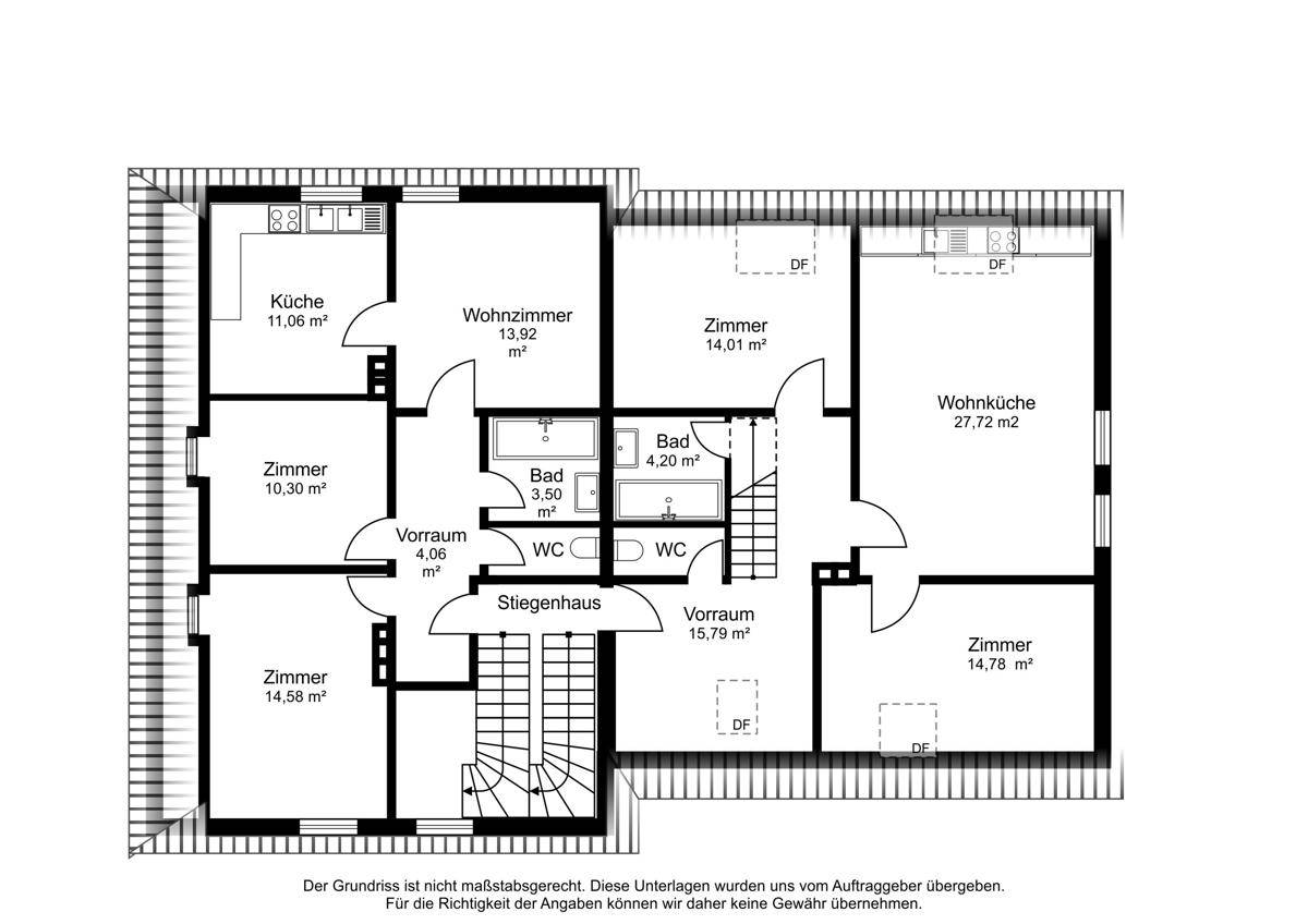 Grundriss des Dachgeschosses mit Küche, Wohnzimmer, Zimmern und Bädern.