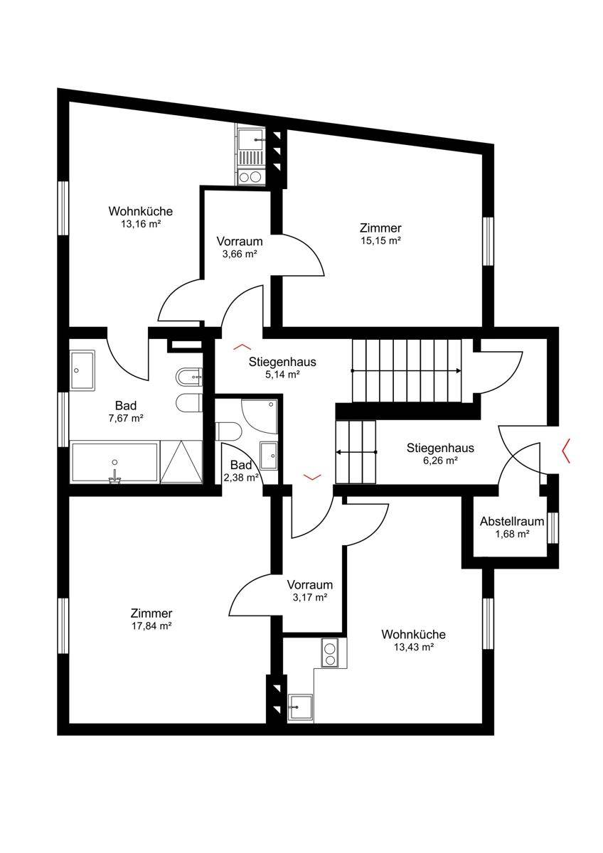 Grundrissplan einer Etage mit Wohnküchen, Zimmern und zwei Bädern.