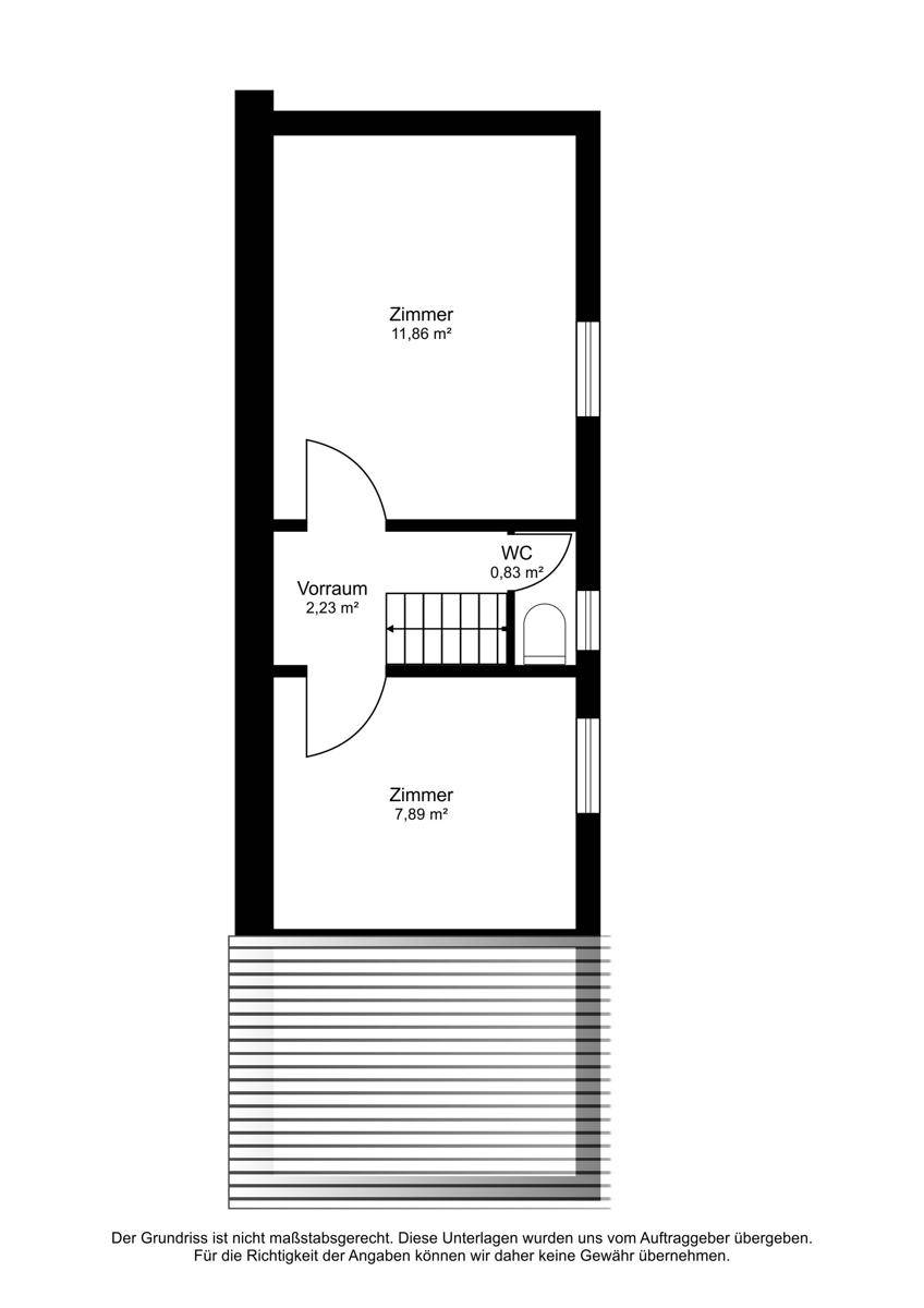 Grundrissplan mit zwei Zimmern, WC und einem Balkon.